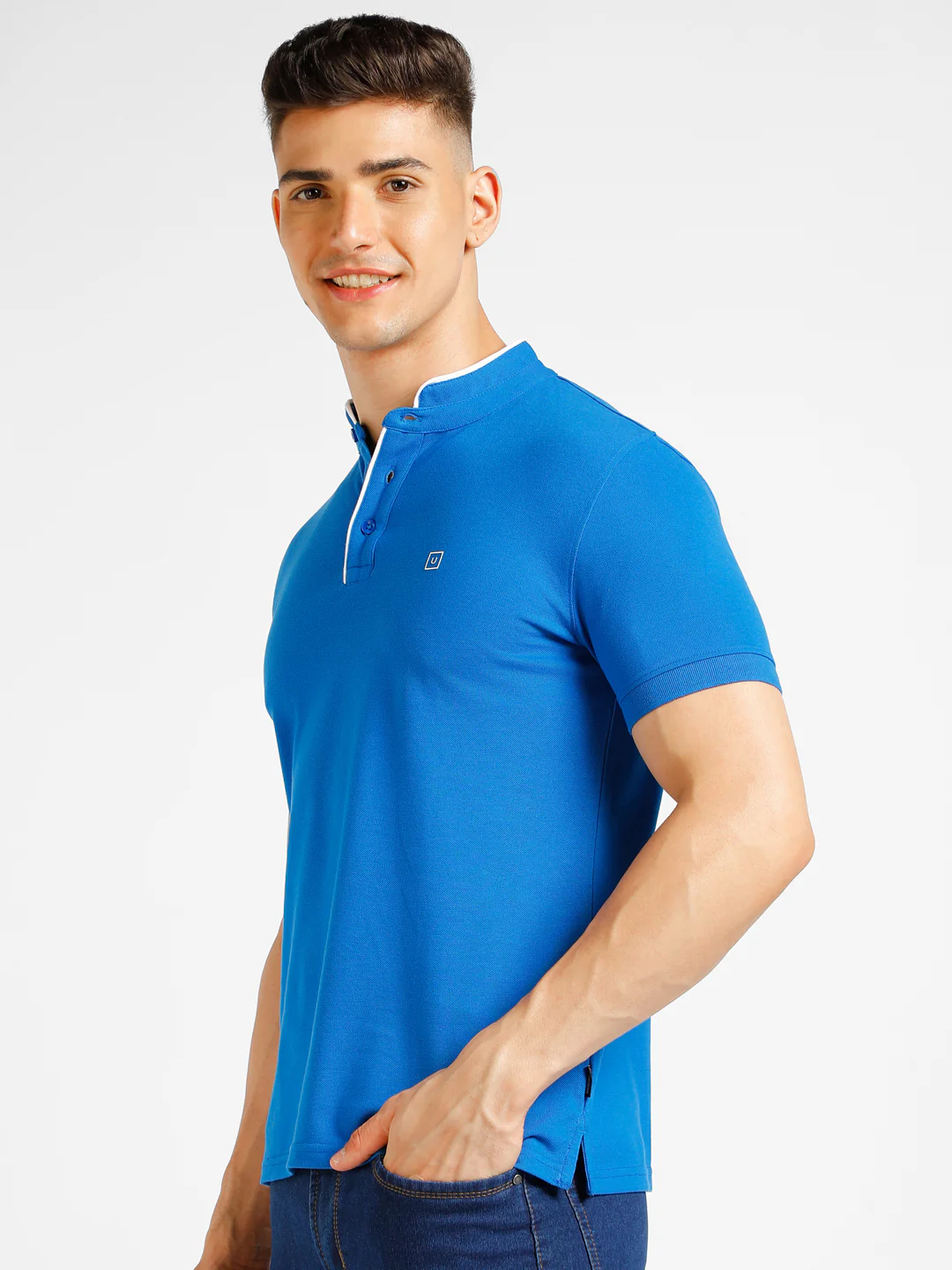 Men's Blue Solid Slim Fit Half Sleeve Cotton Polo T-Shirt with Mandarin Collar - Image 2