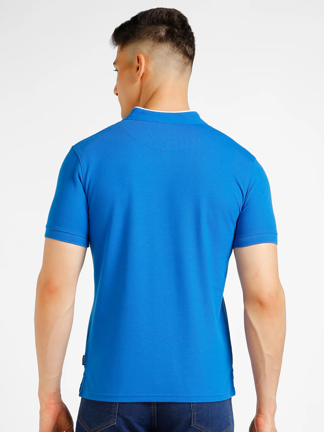 Men's Blue Solid Slim Fit Half Sleeve Cotton Polo T-Shirt with Mandarin Collar - Image 3