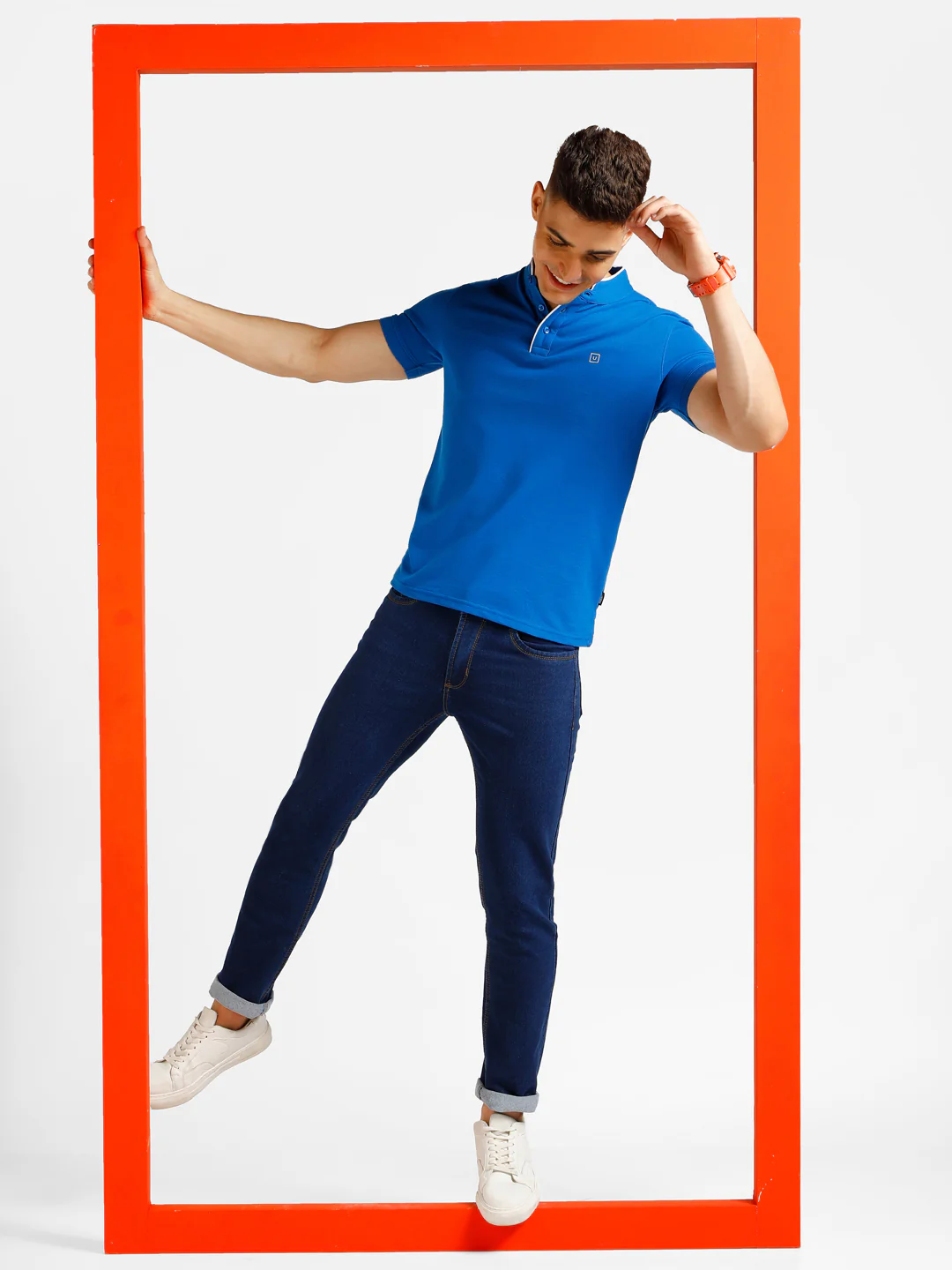 Men's Blue Solid Slim Fit Half Sleeve Cotton Polo T-Shirt with Mandarin Collar - Image 4