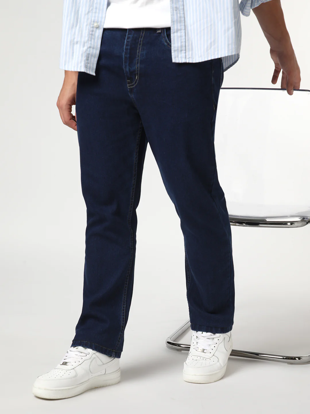 Men's Blue Straight Fit Raw Washed Denim Jeans Stretchable