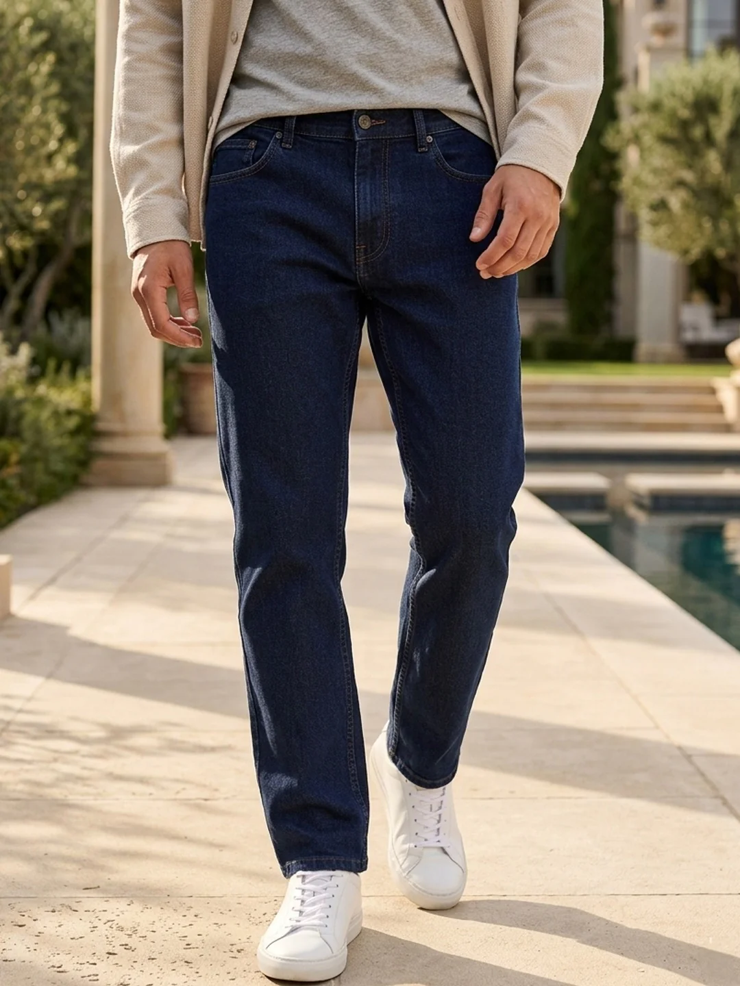 Men's Blue Straight Fit Raw Washed Denim Jeans Stretchable