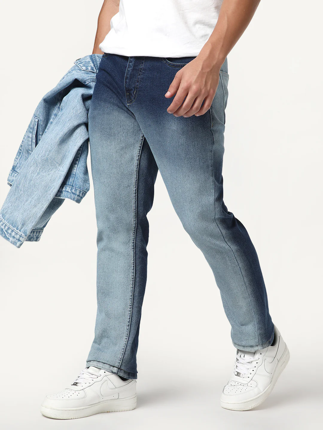 Men's Blue Straight Fit Heavy Washed Faded Denim Jeans Stretchable