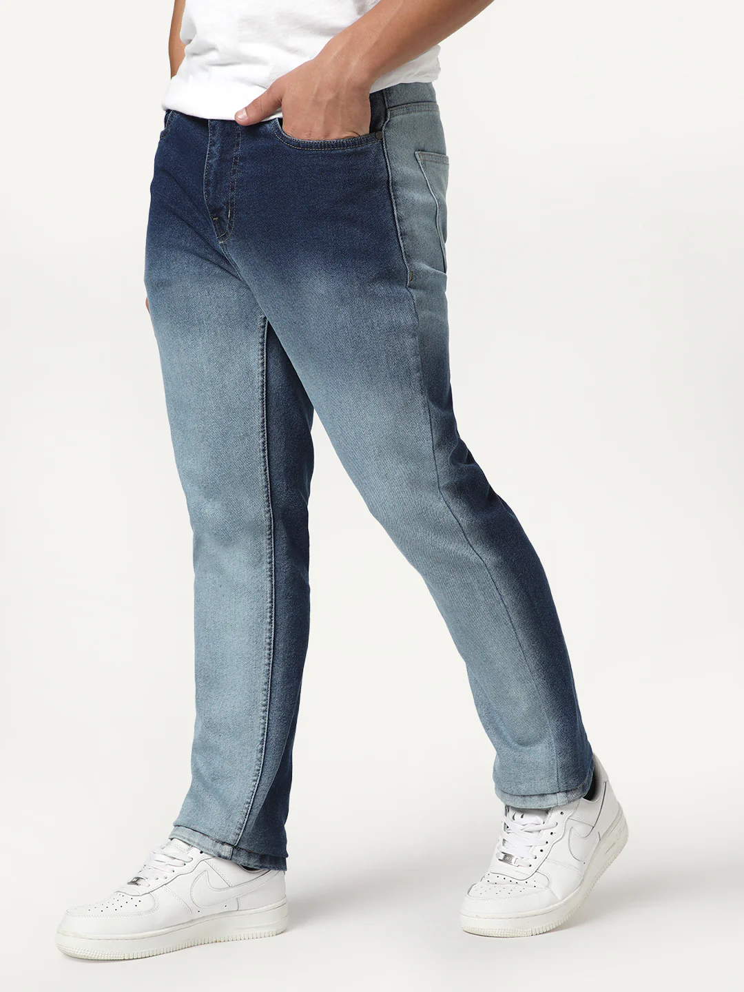 Men's Blue Straight Fit Heavy Washed Faded Denim Jeans Stretchable - Image 2