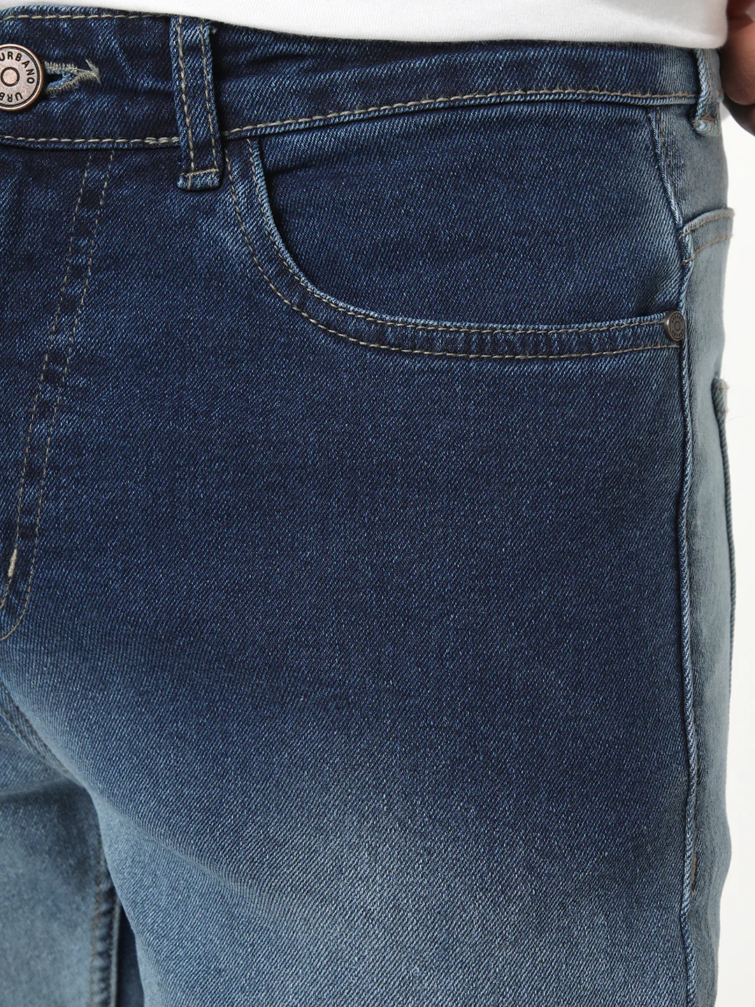 Men's Blue Straight Fit Heavy Washed Faded Denim Jeans Stretchable - Image 5