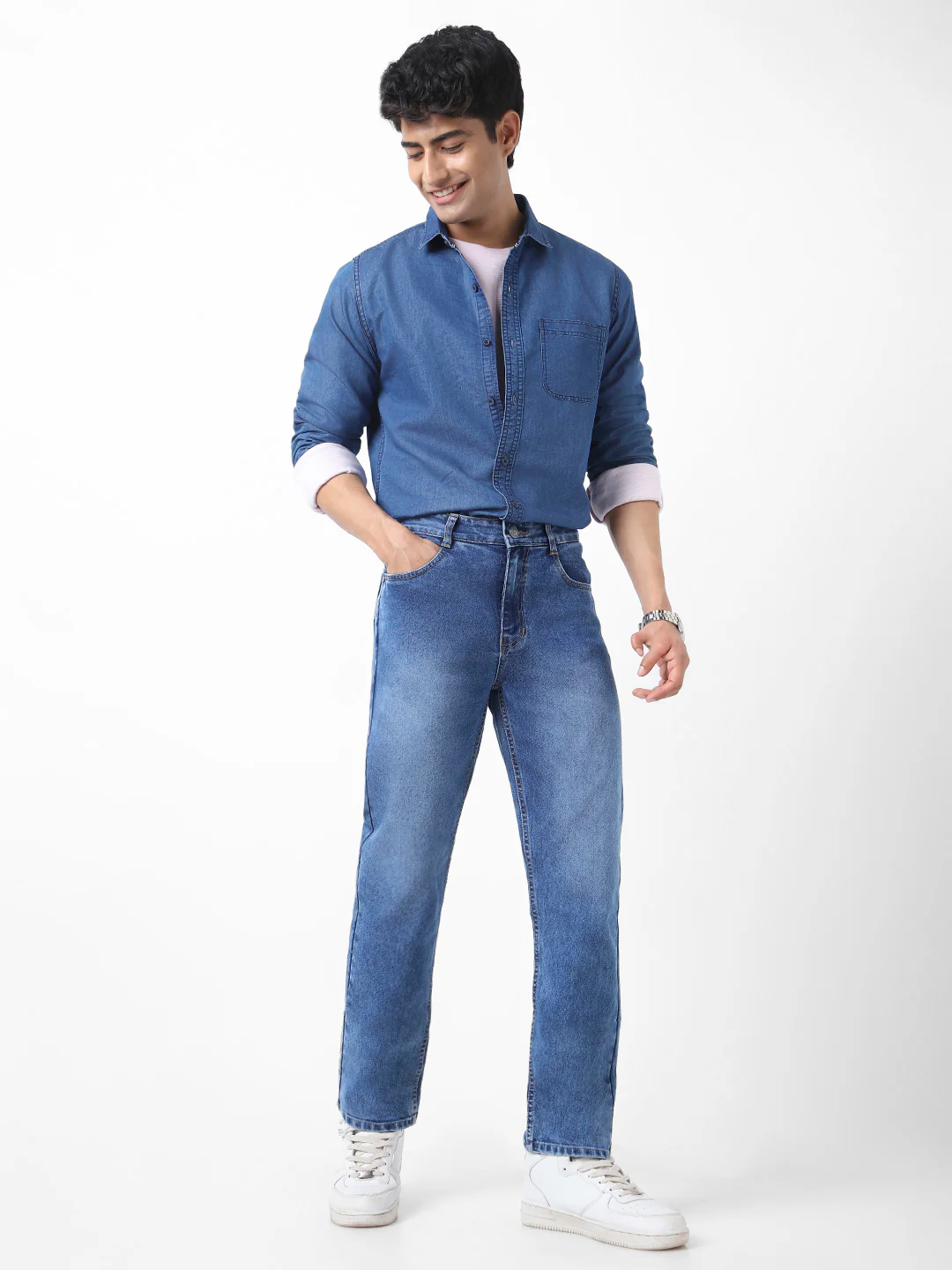 Men's Blue Straight Fit Washed Jeans Stretchable - Image 3