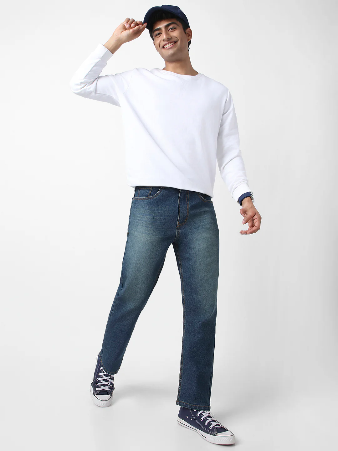 Men's Blue Straight Fit Washed Jeans Stretchable - Image 4