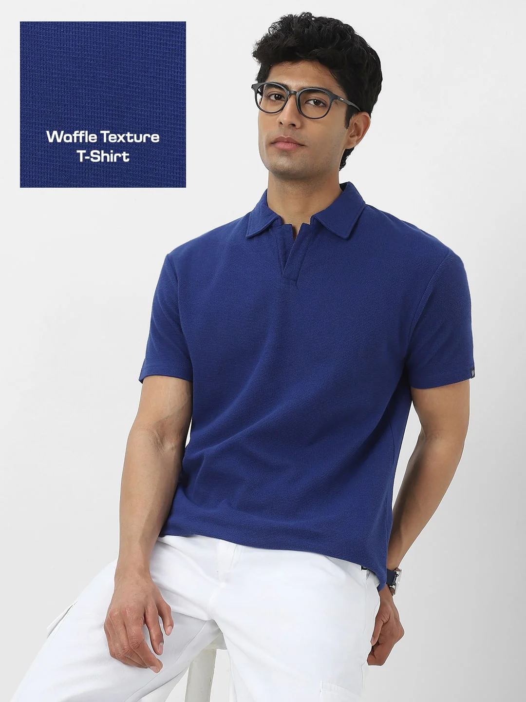 Men's Blue Textured Regular Fit Half Sleeve Cotton Polo T-Shirt