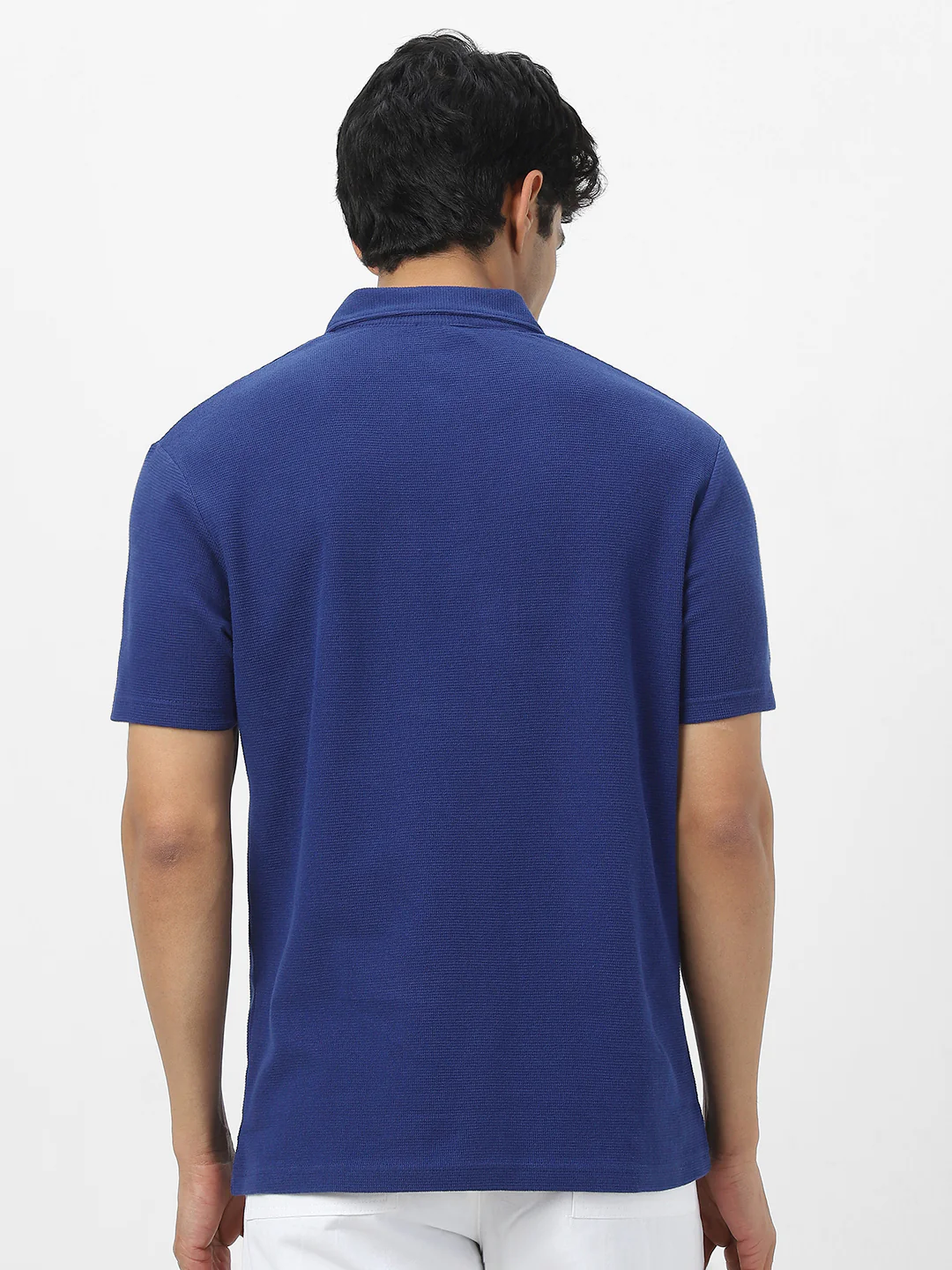 Men's Blue Textured Regular Fit Half Sleeve Cotton Polo T-Shirt - Image 5
