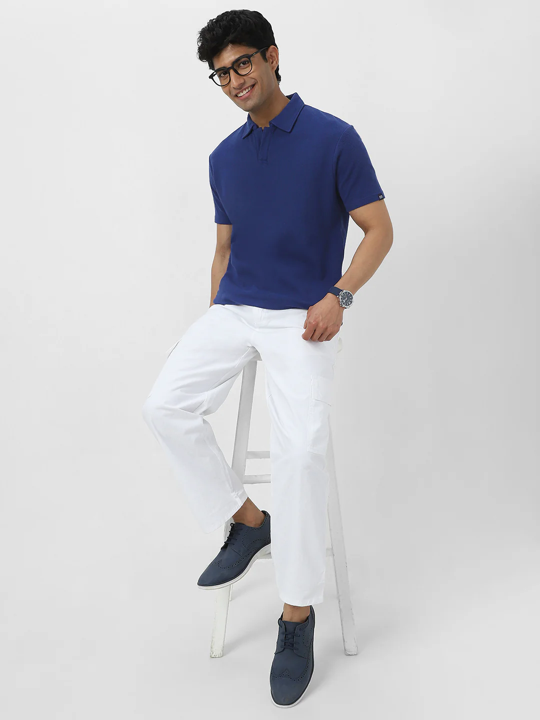 Men's Blue Textured Regular Fit Half Sleeve Cotton Polo T-Shirt - Image 6