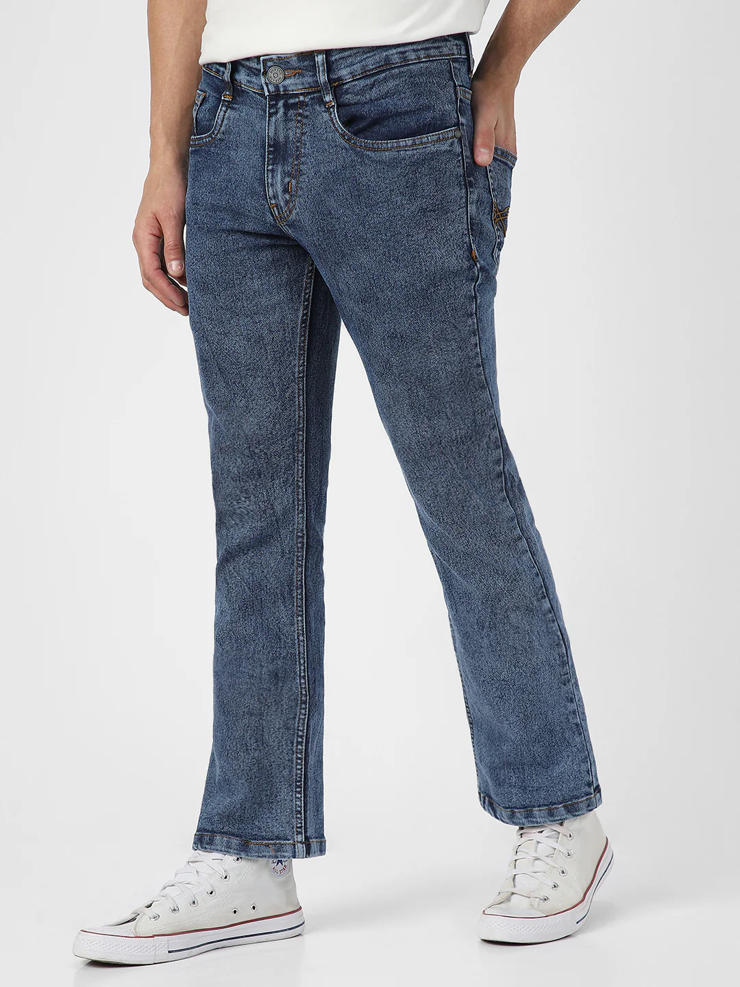 Men's Blue Washed Bootcut Jeans Stretchable - Image 3