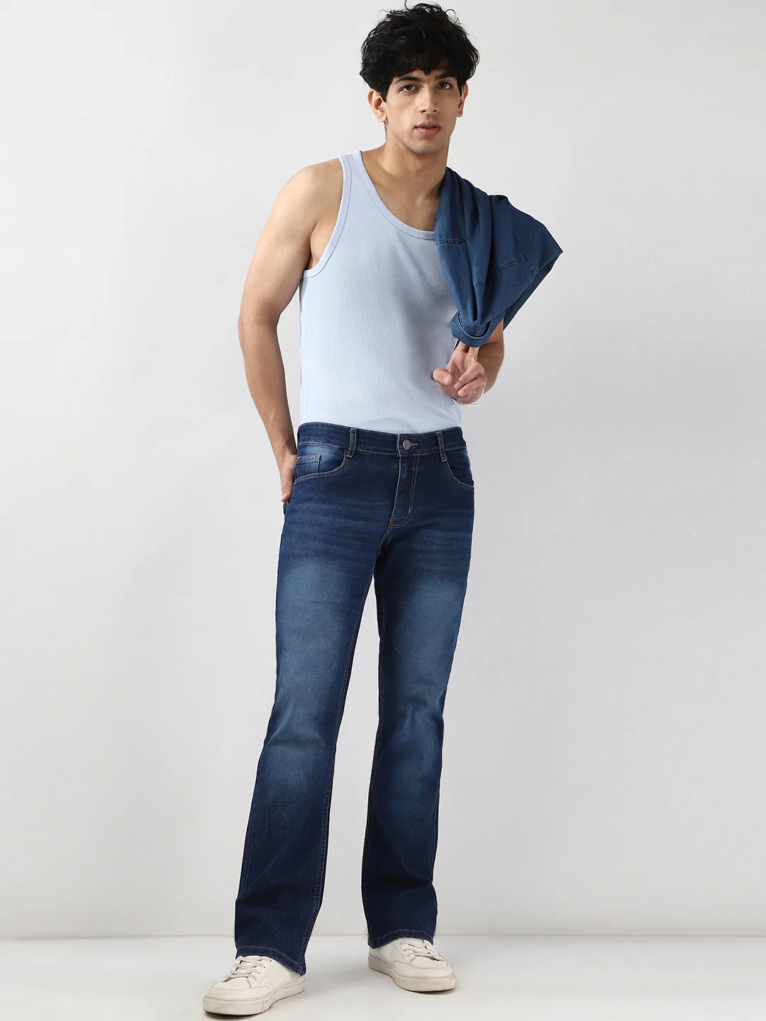 Men's Blue Washed Bootcut Jeans Stretchable - Image 4