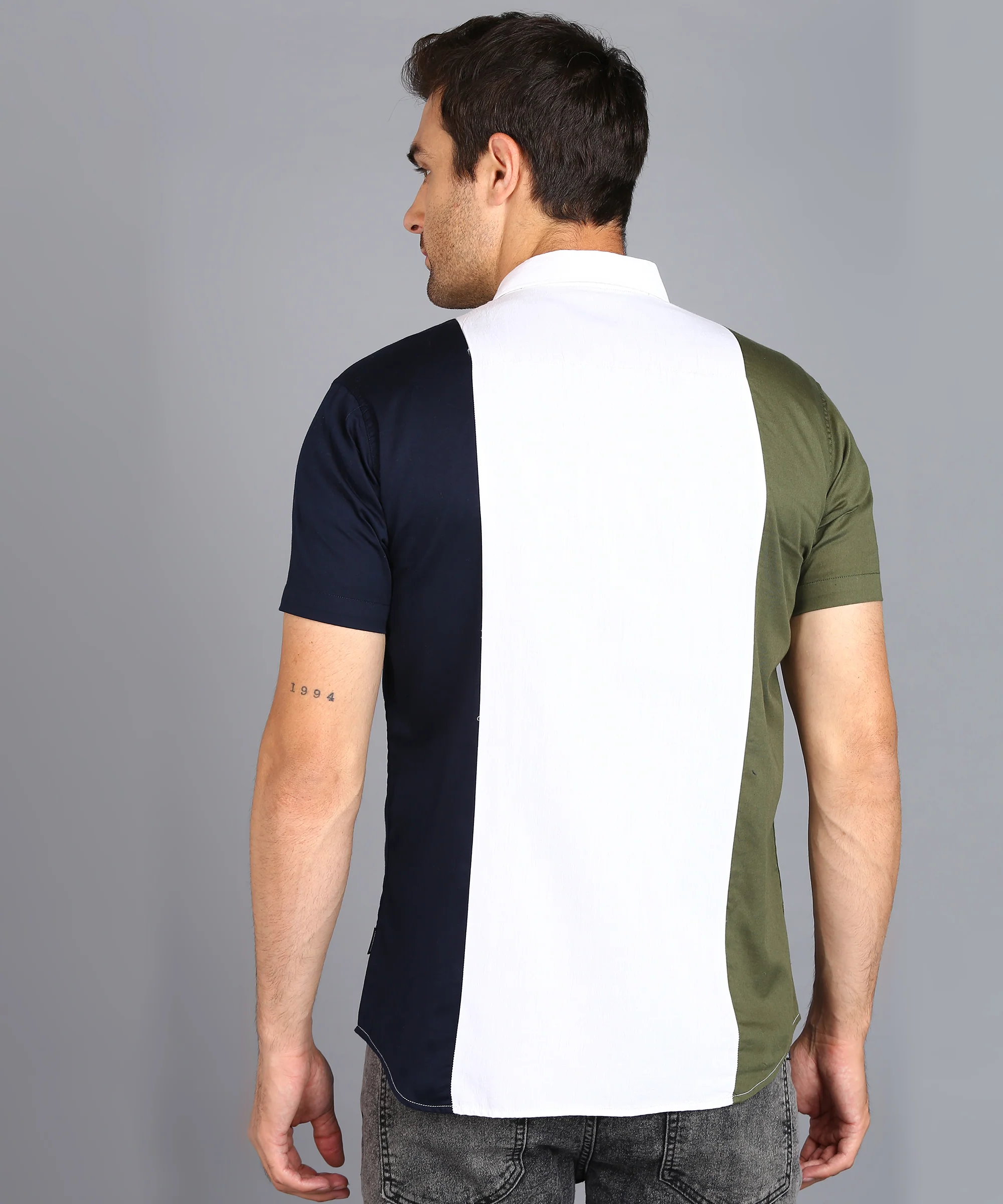 Men's Blue, White, Green Cotton Half Sleeve Slim Fit Casual Colorblock Shirt - Image 3