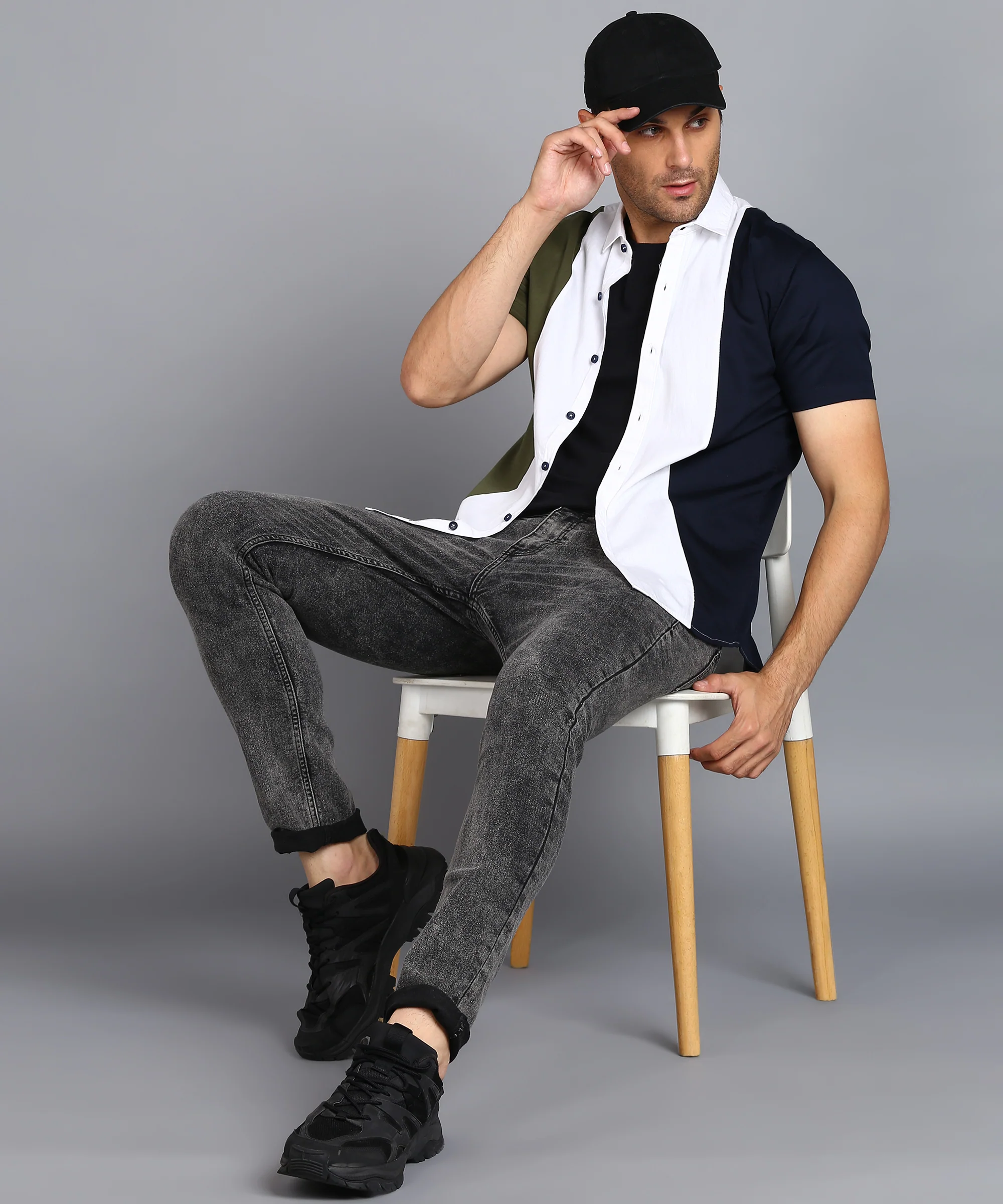 Men's Blue, White, Green Cotton Half Sleeve Slim Fit Casual Colorblock Shirt - Image 4