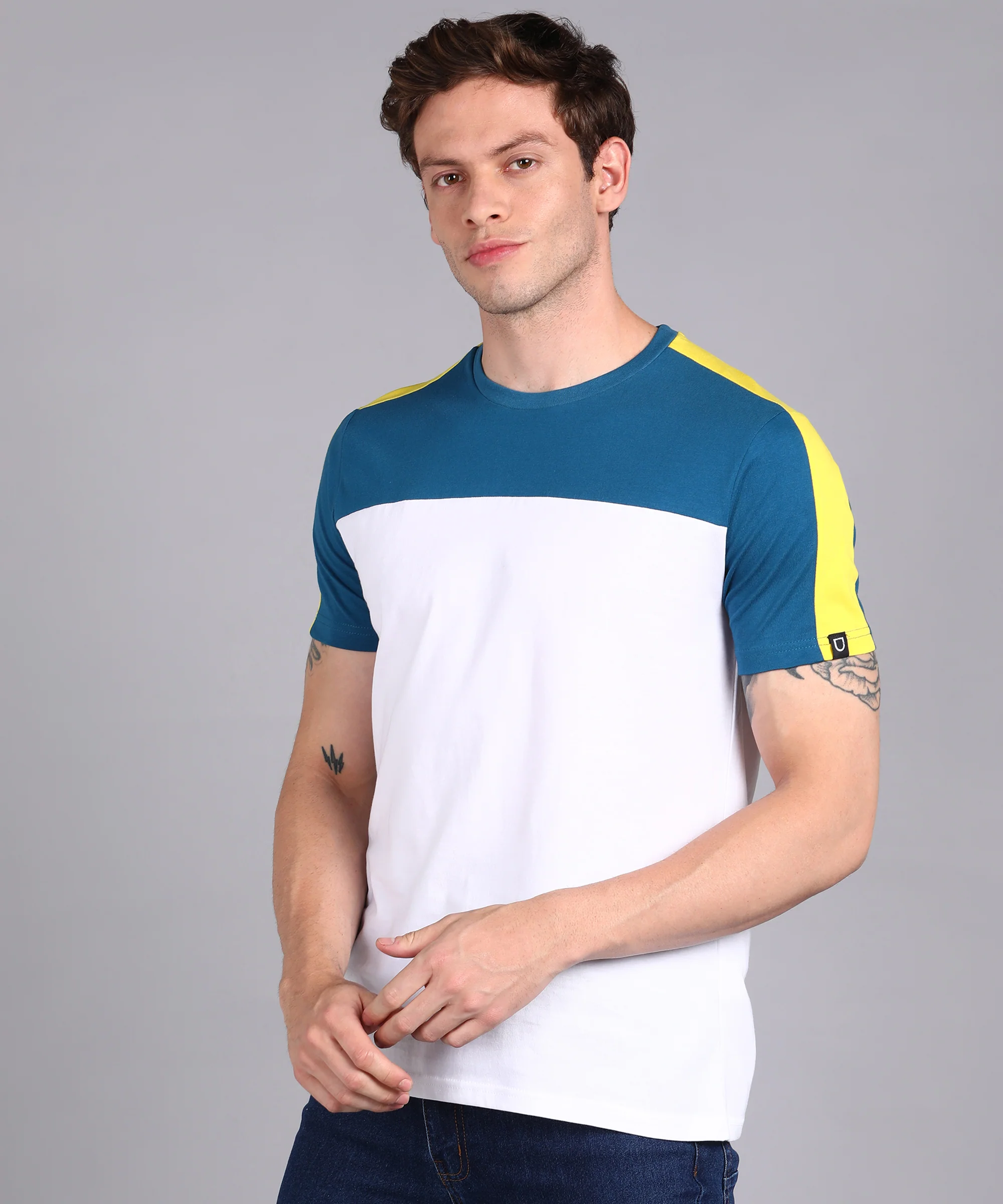 Men's Blue, White, Yellow Cotton Color-Block Slim Fit Half Sleeve T-Shirt - Image 2
