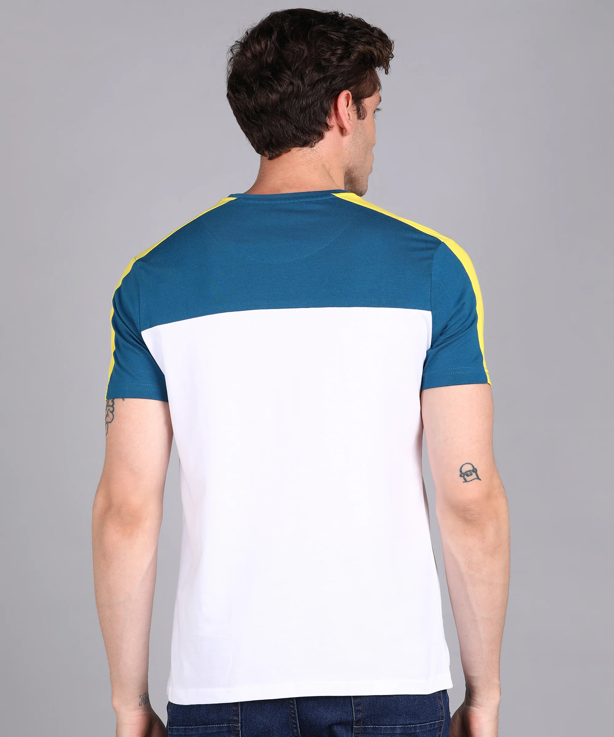 Men's Blue, White, Yellow Cotton Color-Block Slim Fit Half Sleeve T-Shirt - Image 3