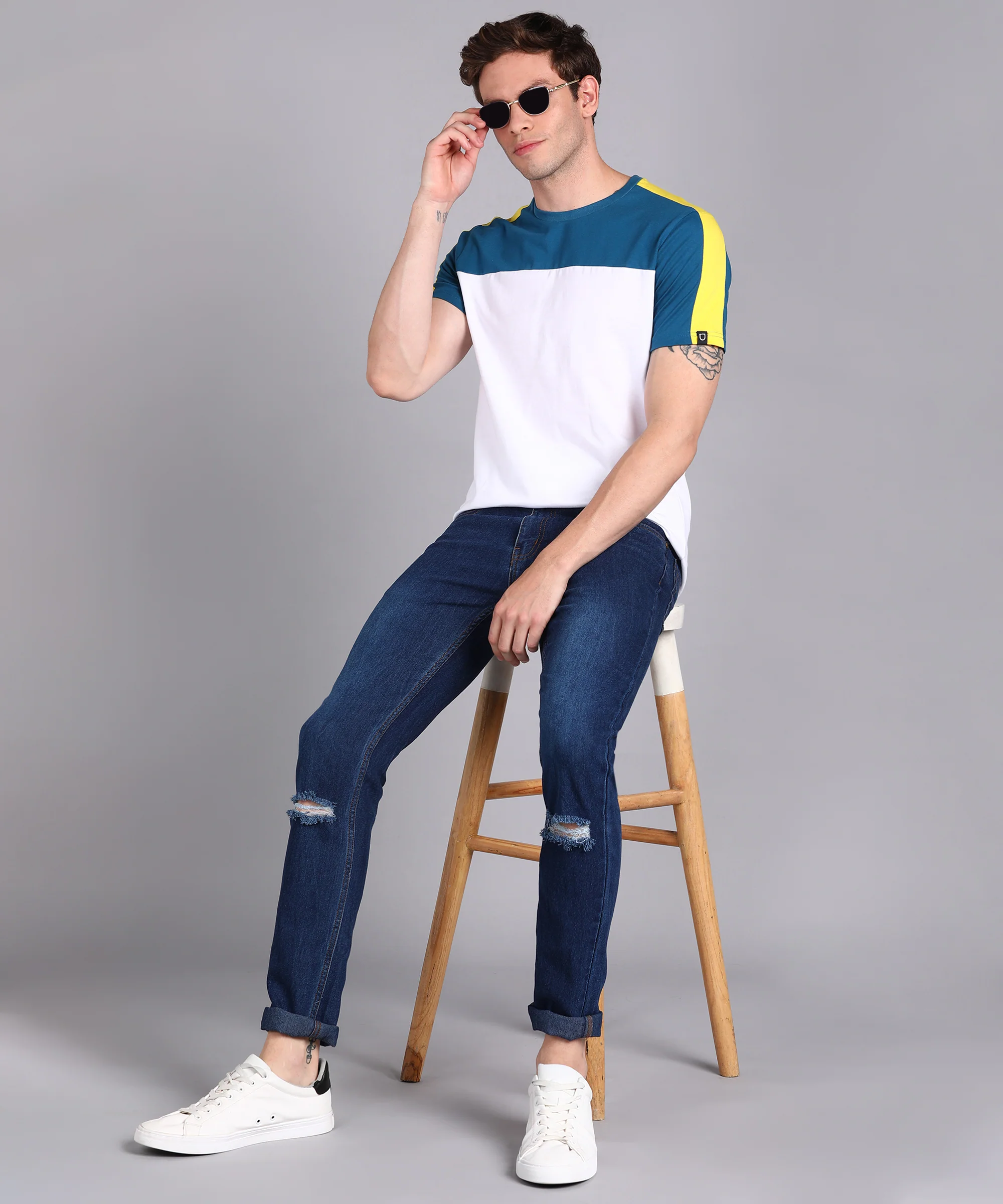 Men's Blue, White, Yellow Cotton Color-Block Slim Fit Half Sleeve T-Shirt - Image 4