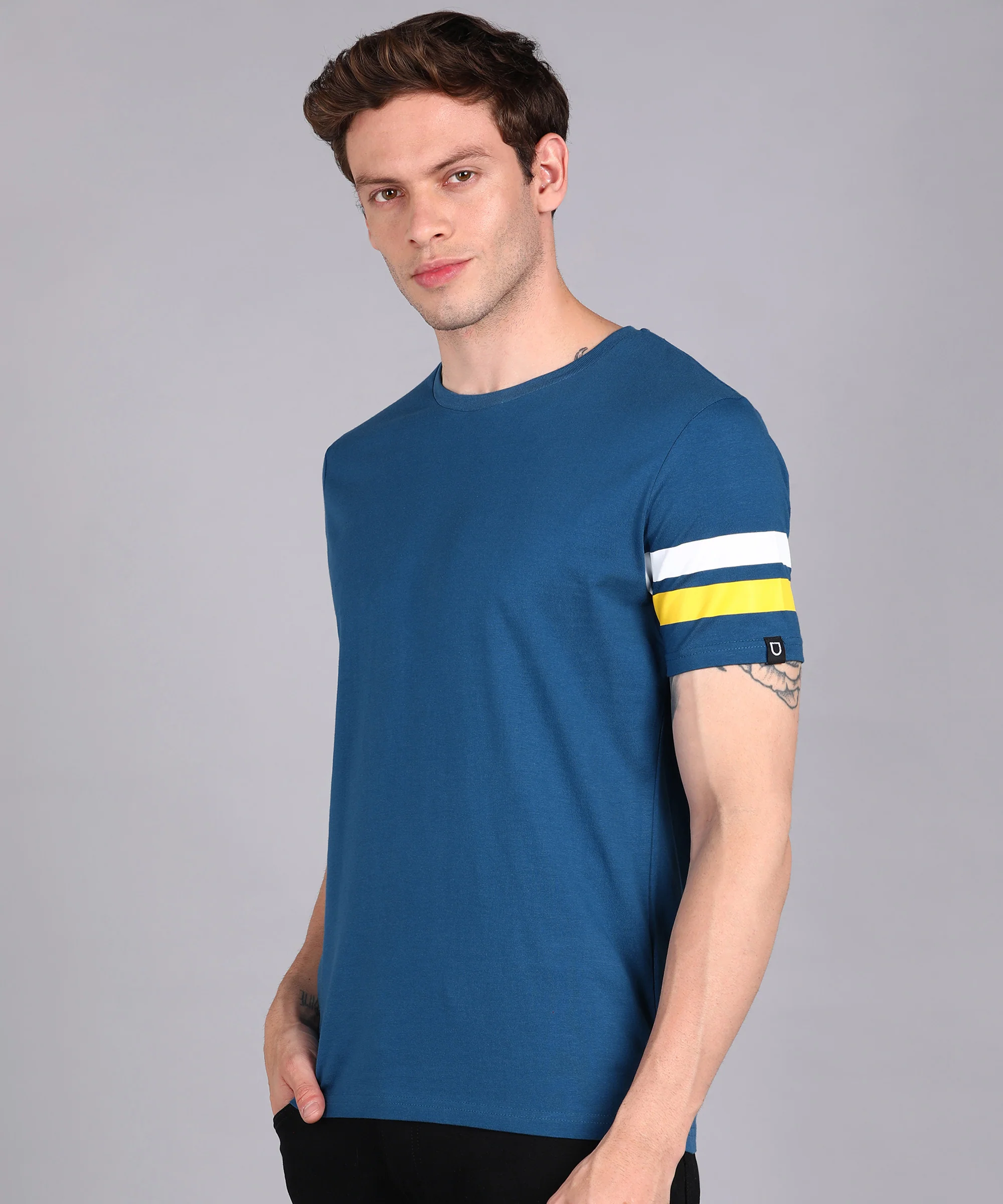 Men's Blue, White, Yellow Cotton Color-Block Slim Fit Half Sleeve T-Shirt - Image 2