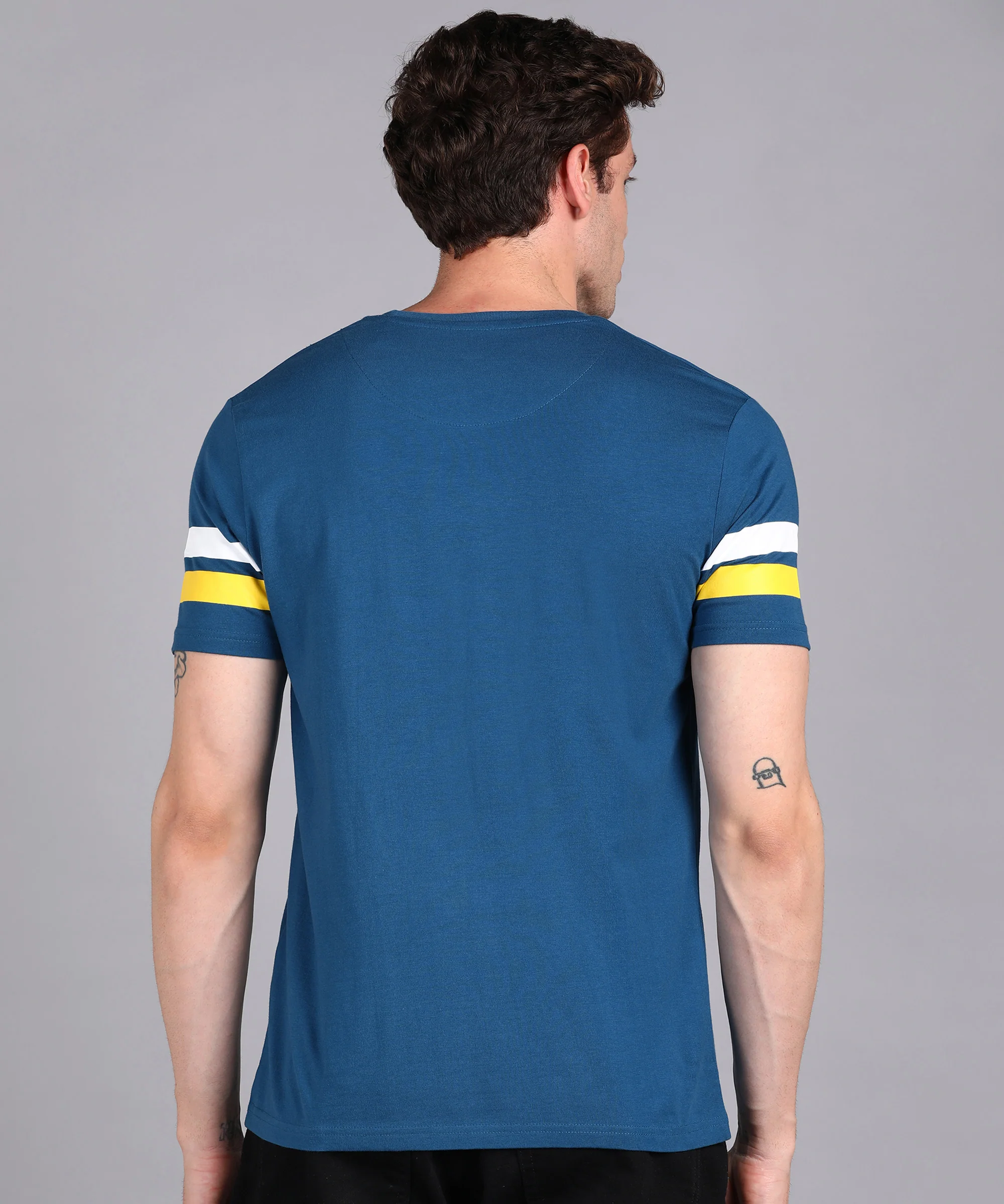 Men's Blue, White, Yellow Cotton Color-Block Slim Fit Half Sleeve T-Shirt - Image 3