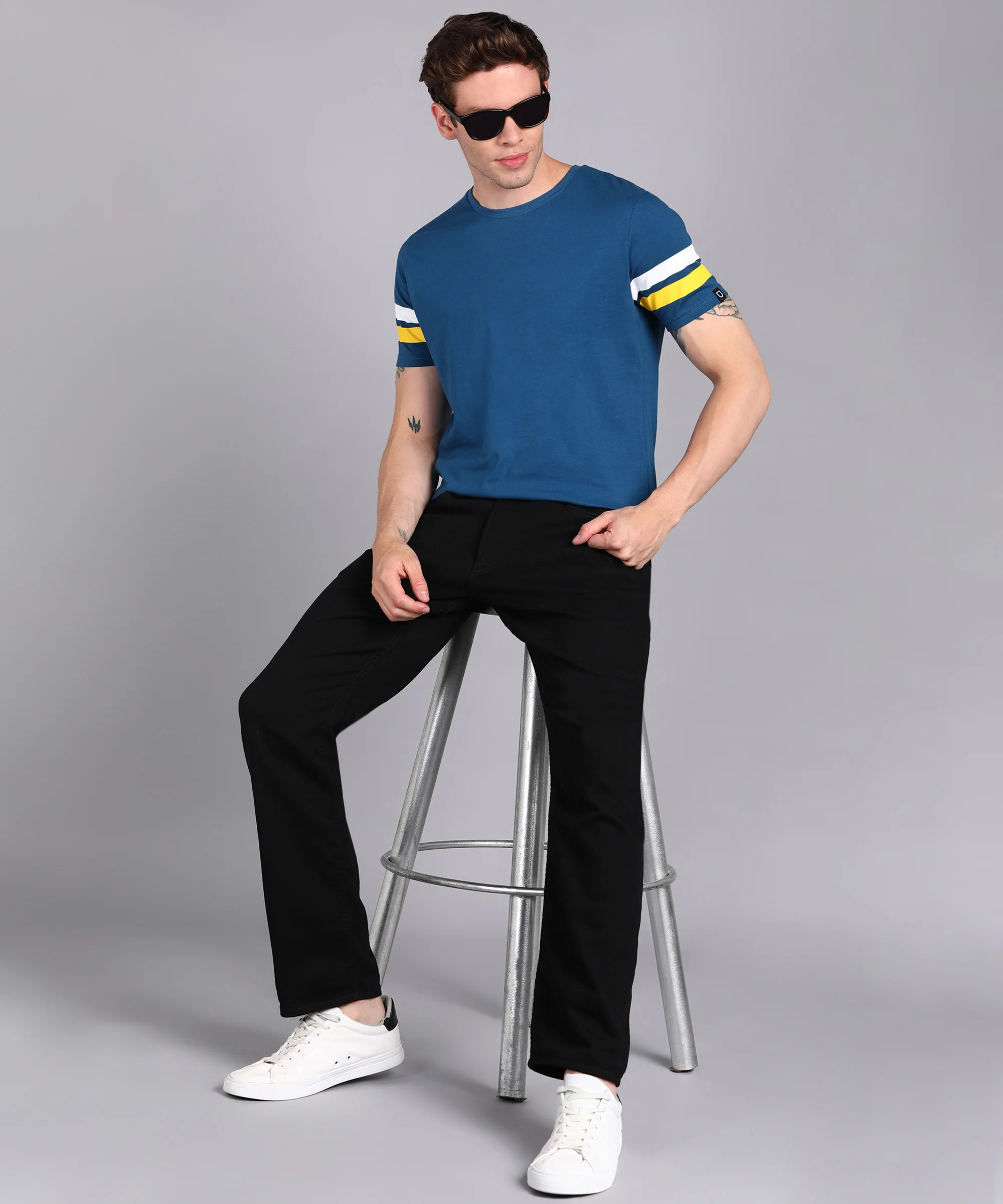 Men's Blue, White, Yellow Cotton Color-Block Slim Fit Half Sleeve T-Shirt - Image 4