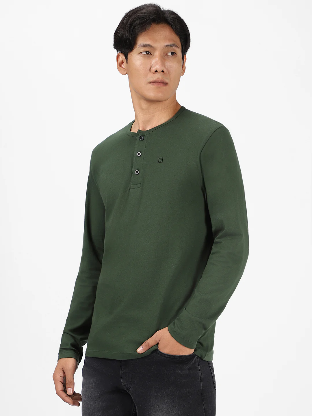 Men's Bottle Green Solid Henley Neck Slim Fit Full Sleeve Cotton T-Shirt - Image 2