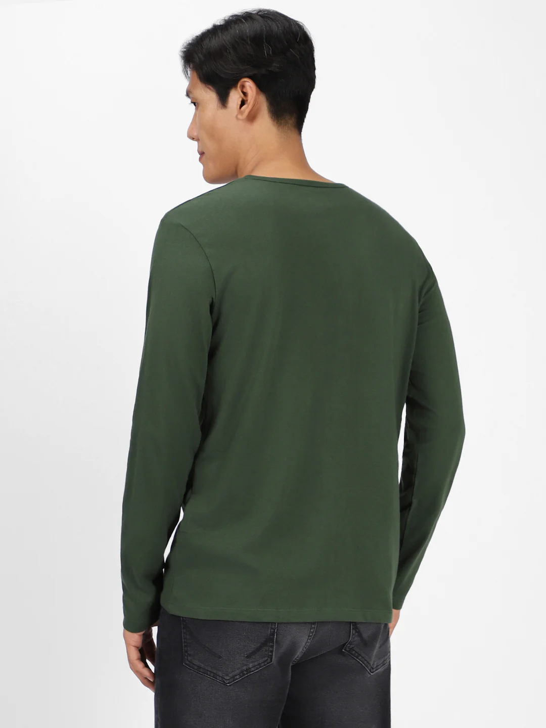 Men's Bottle Green Solid Henley Neck Slim Fit Full Sleeve Cotton T-Shirt - Image 3