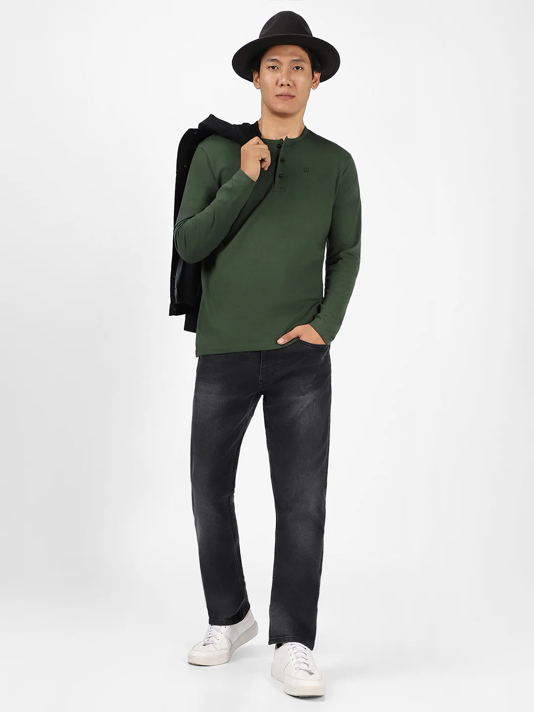 Men's Bottle Green Solid Henley Neck Slim Fit Full Sleeve Cotton T-Shirt - Image 4