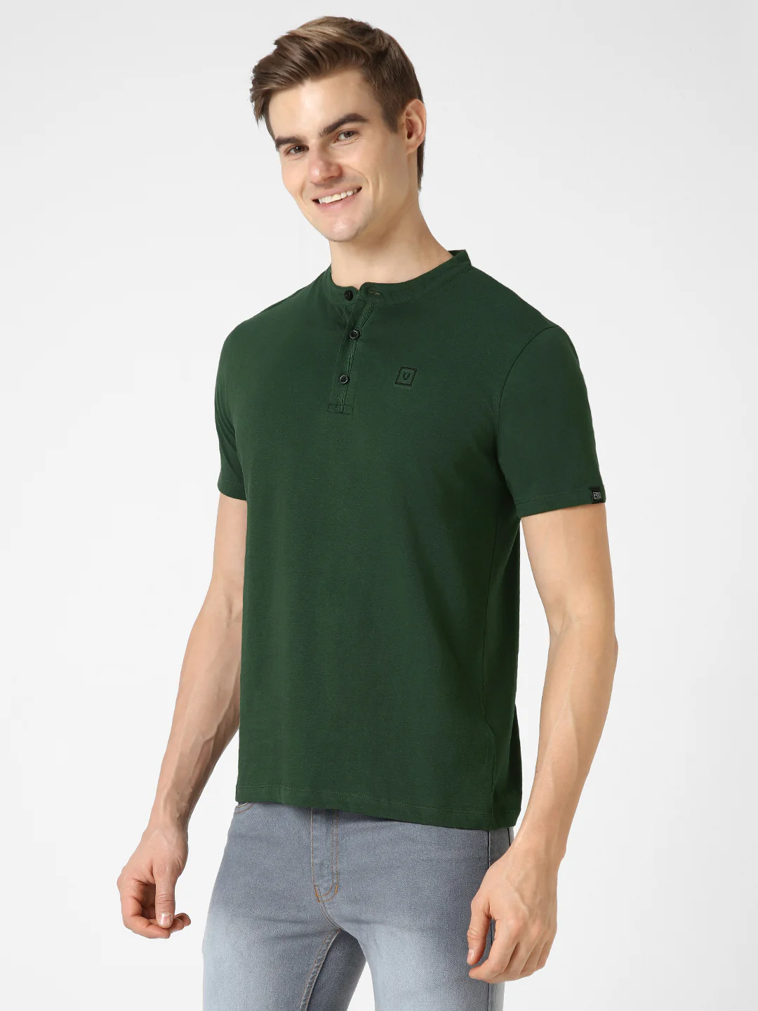 Men's Bottle Green Solid Mandarin Collar Slim Fit Half Sleeve Cotton T-Shirt - Image 3