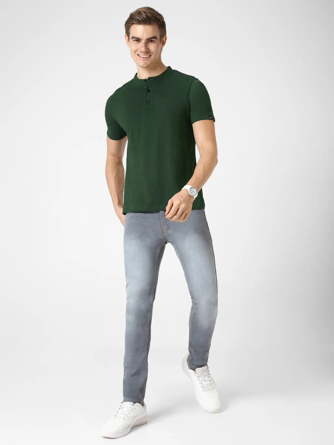 Men's Bottle Green Solid Mandarin Collar Slim Fit Half Sleeve Cotton T-Shirt - Image 5