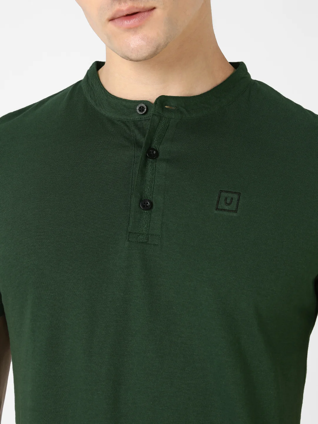 Men's Bottle Green Solid Mandarin Collar Slim Fit Half Sleeve Cotton T-Shirt - Image 6