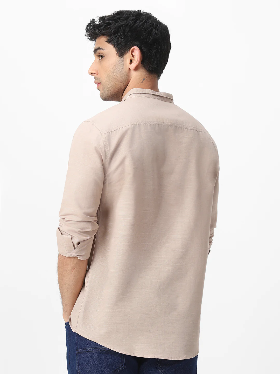 Men's Brown Cotton Full Sleeve Regular Fit Casual Solid Shirt with Band Collar - Image 3