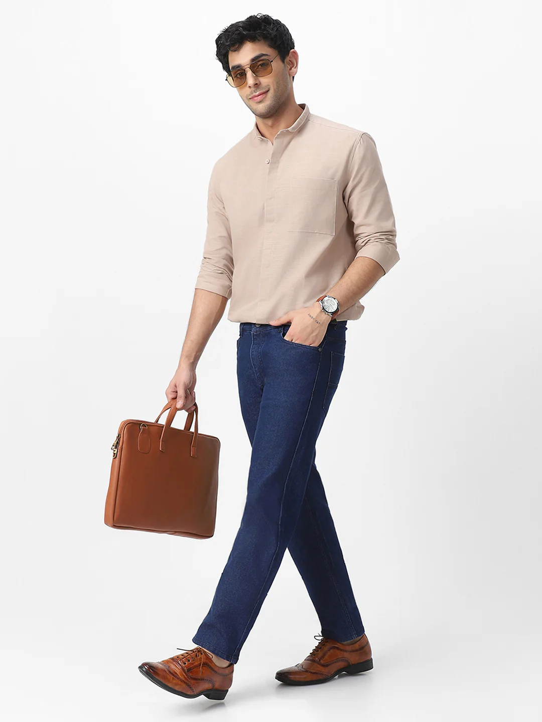 Men's Brown Cotton Full Sleeve Regular Fit Casual Solid Shirt with Band Collar - Image 4