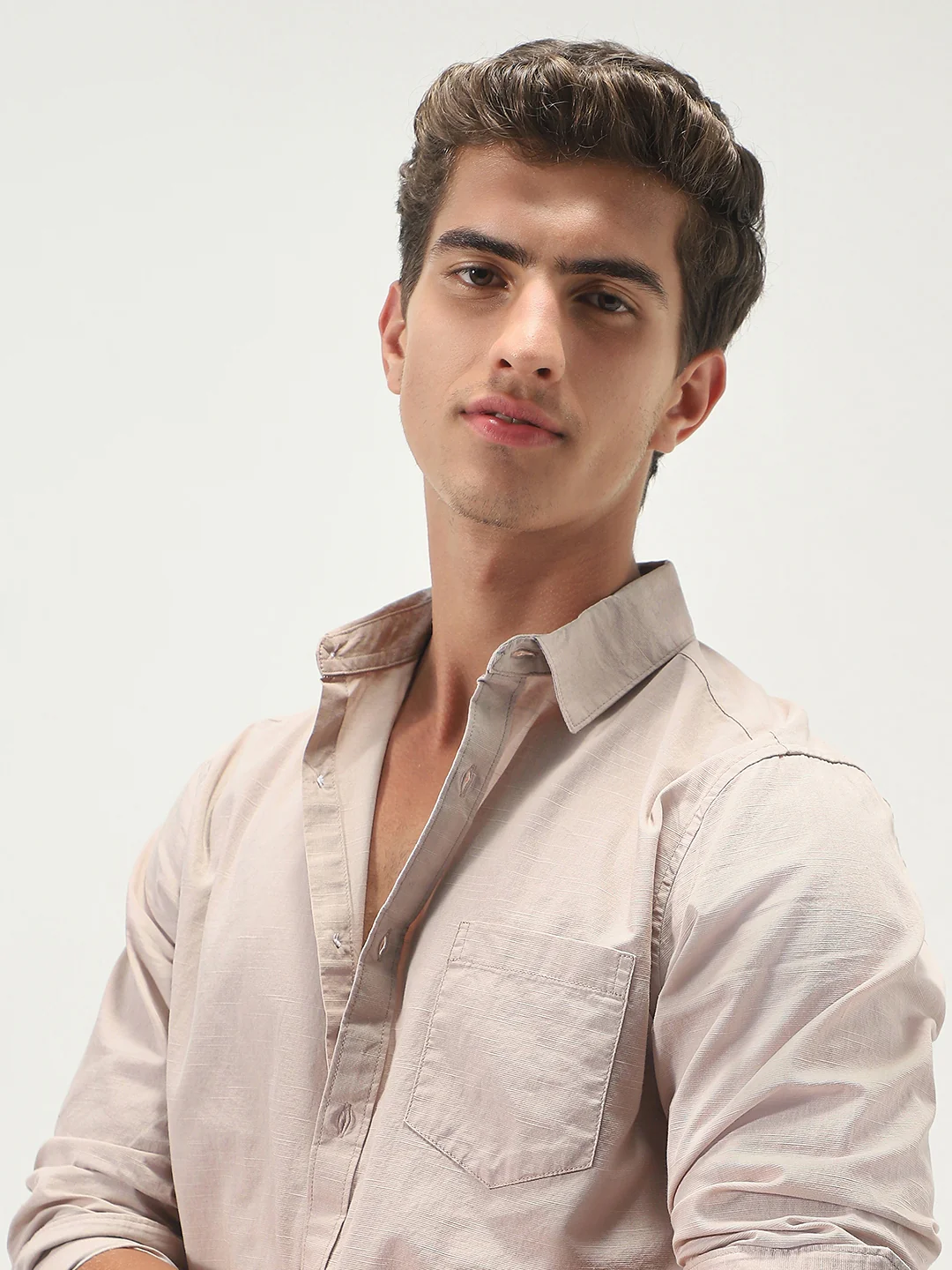 Men's Brown Cotton Full Sleeve Regular Fit Casual Solid Slub Shirt with Spread Collar - Image 5