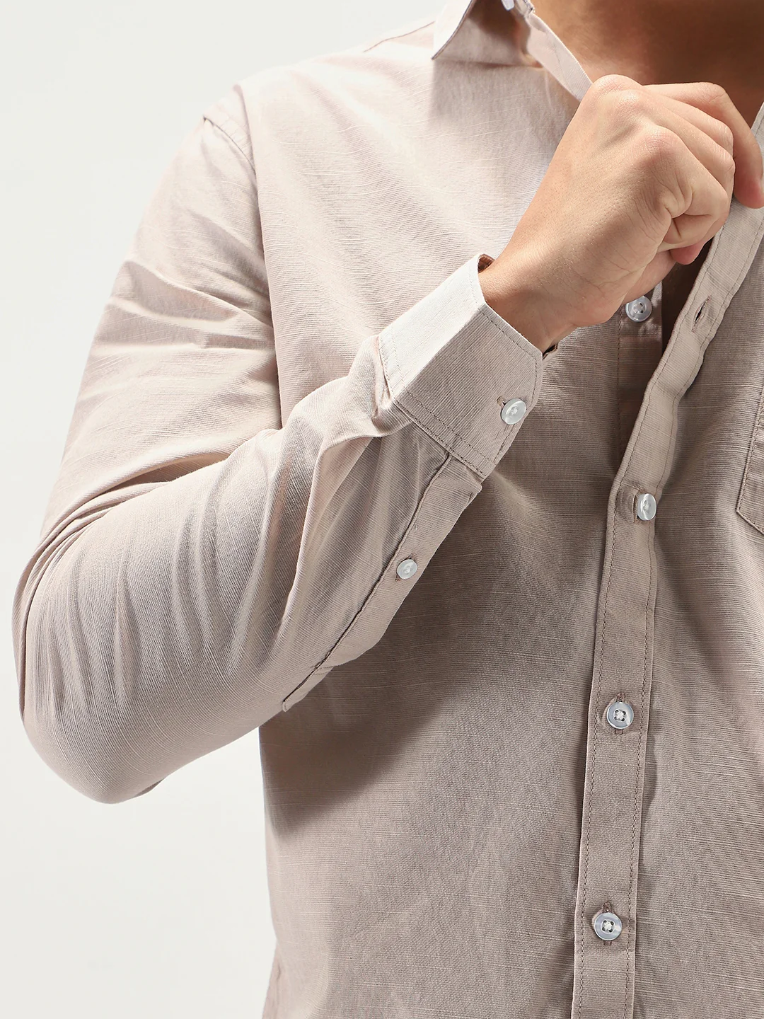 Men's Brown Cotton Full Sleeve Regular Fit Casual Solid Slub Shirt with Spread Collar - Image 6