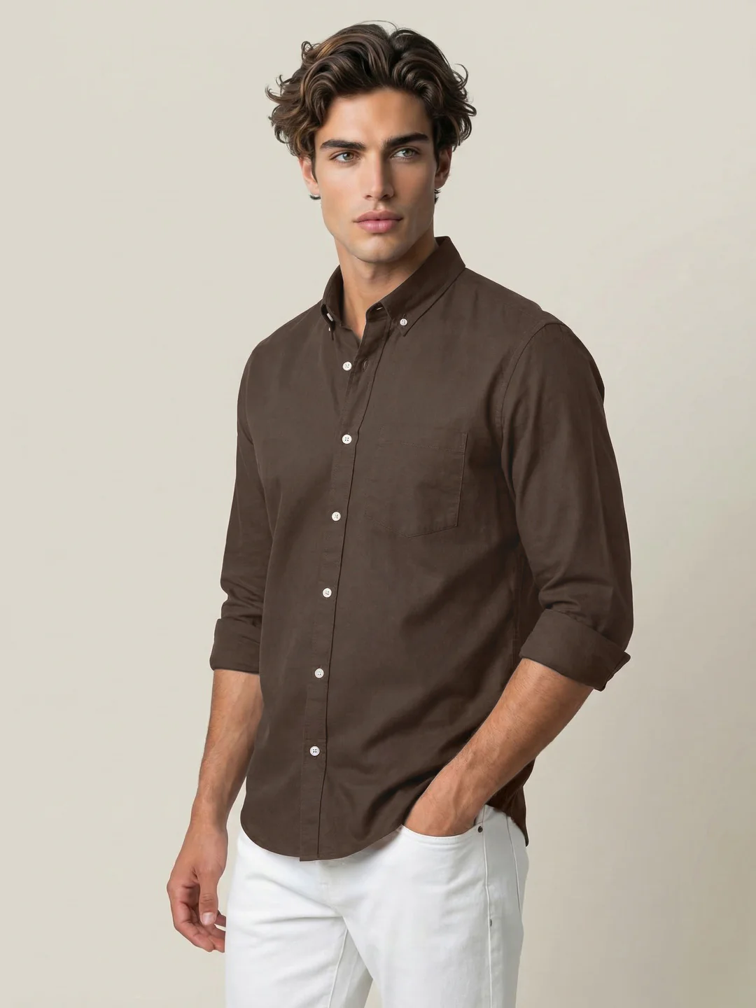 Men's Brown Cotton Full Sleeve Regular Fit Solid Oxford Shirt With Button-Down Collar - Image 2