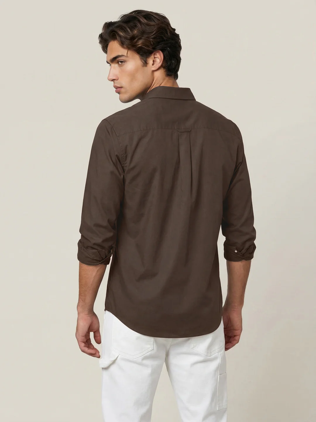 Men's Brown Cotton Full Sleeve Regular Fit Solid Oxford Shirt With Button-Down Collar - Image 3