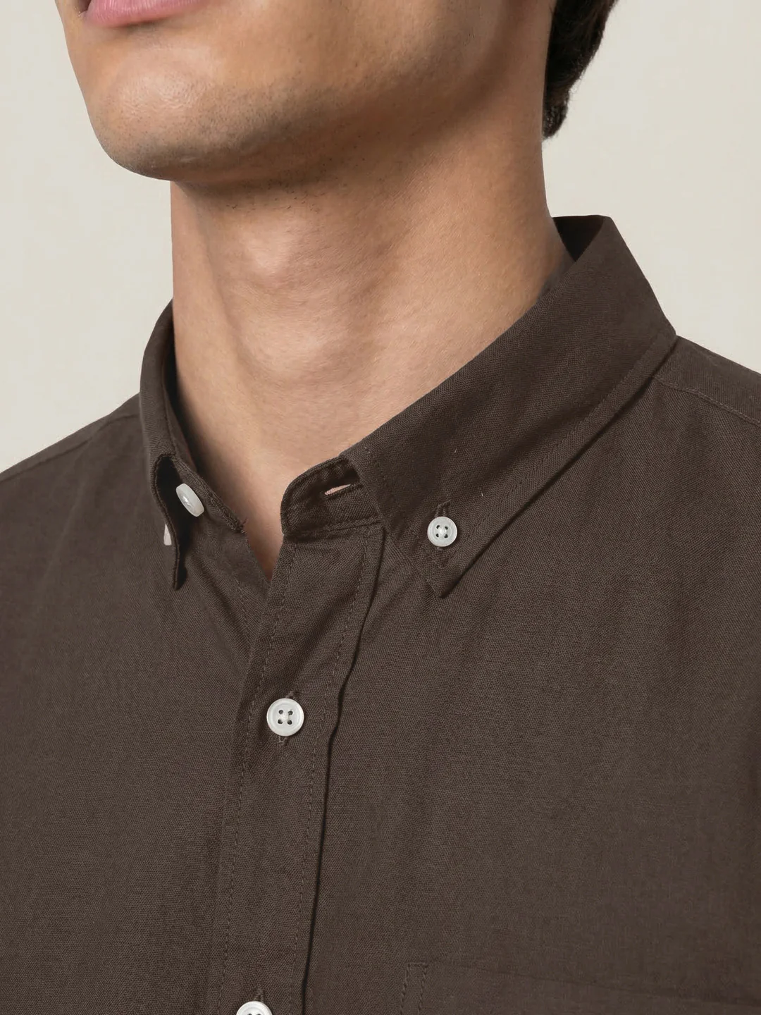 Men's Brown Cotton Full Sleeve Regular Fit Solid Oxford Shirt With Button-Down Collar - Image 5