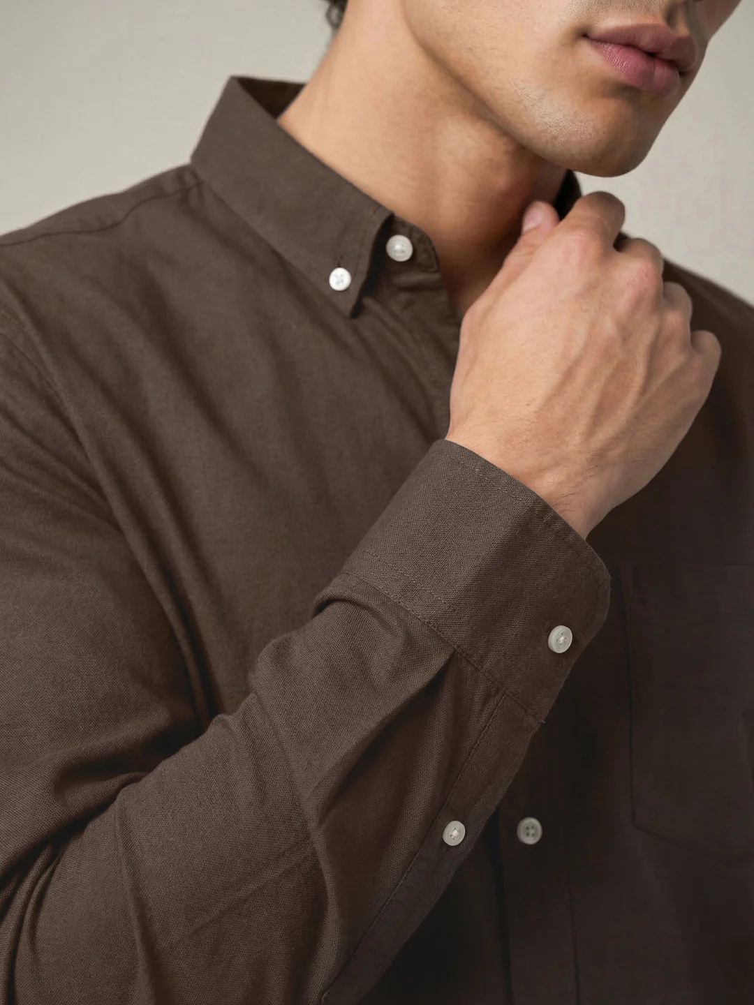 Men's Brown Cotton Full Sleeve Regular Fit Solid Oxford Shirt With Button-Down Collar - Image 6