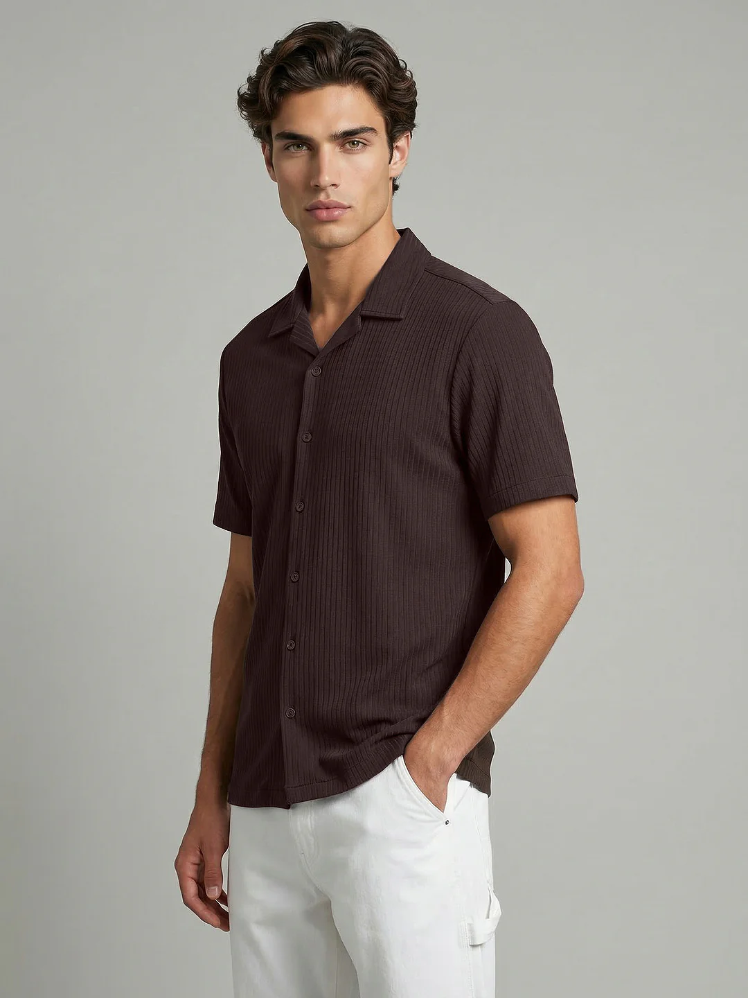 Men's Brown Cotton Half Sleeve Oversized Fit Textured Shirt with Cuban Collar - Image 2