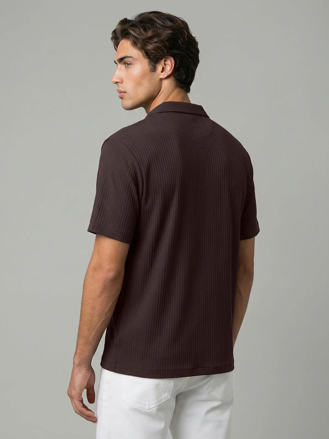 Men's Brown Cotton Half Sleeve Oversized Fit Textured Shirt with Cuban Collar - Image 3