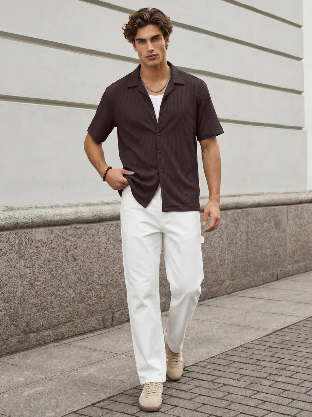 Men's Brown Cotton Half Sleeve Oversized Fit Textured Shirt with Cuban Collar - Image 4