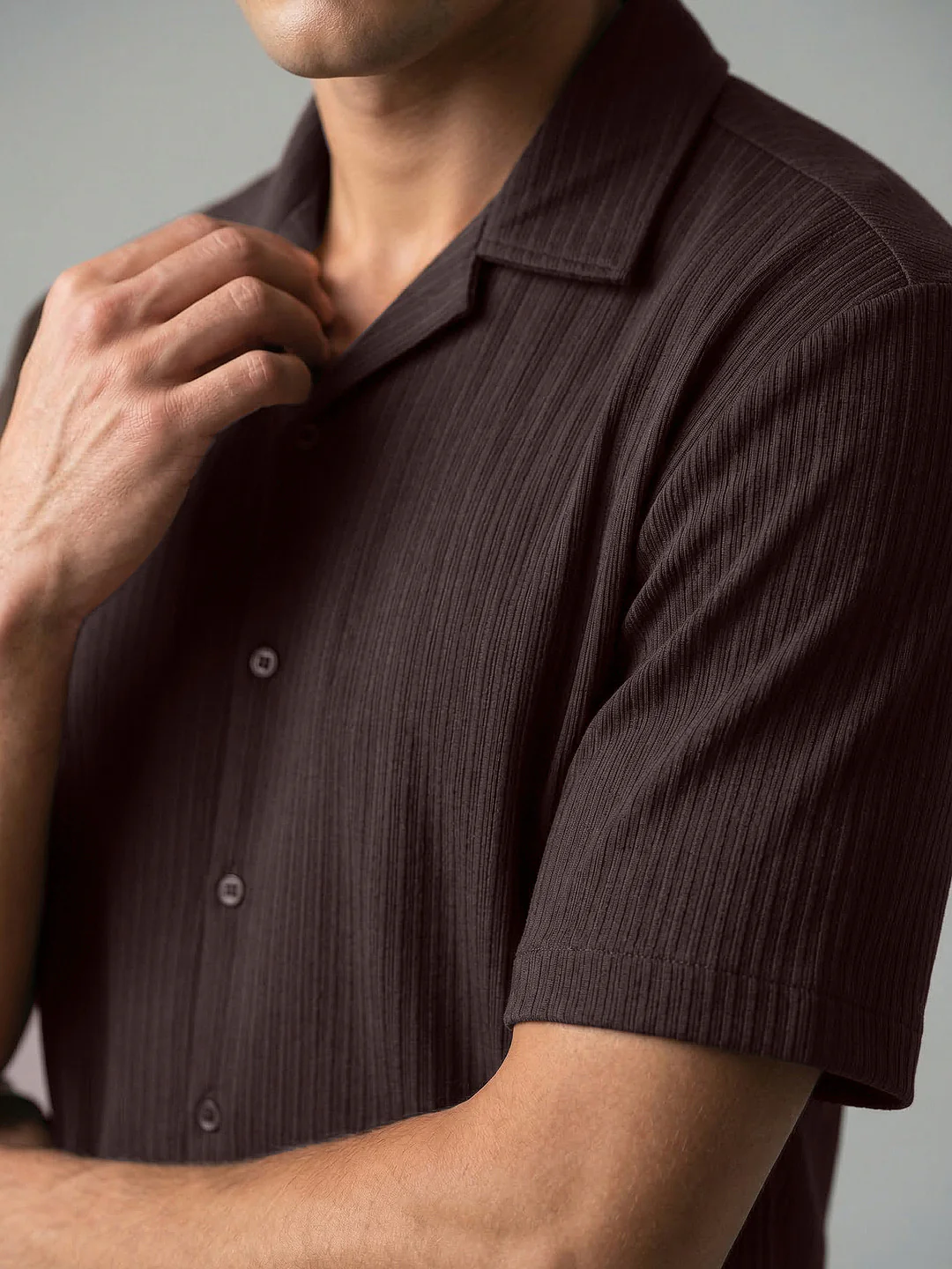 Men's Brown Cotton Half Sleeve Oversized Fit Textured Shirt with Cuban Collar - Image 6