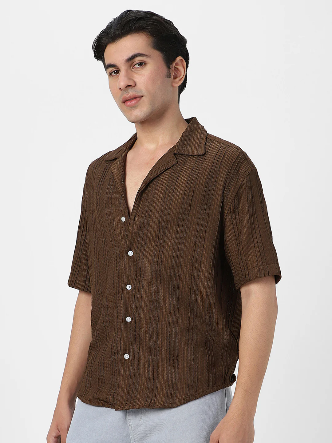 Men's Brown Cotton Half Sleeve Oversized Fit Textured Shirt with Cuban Collar - Image 3