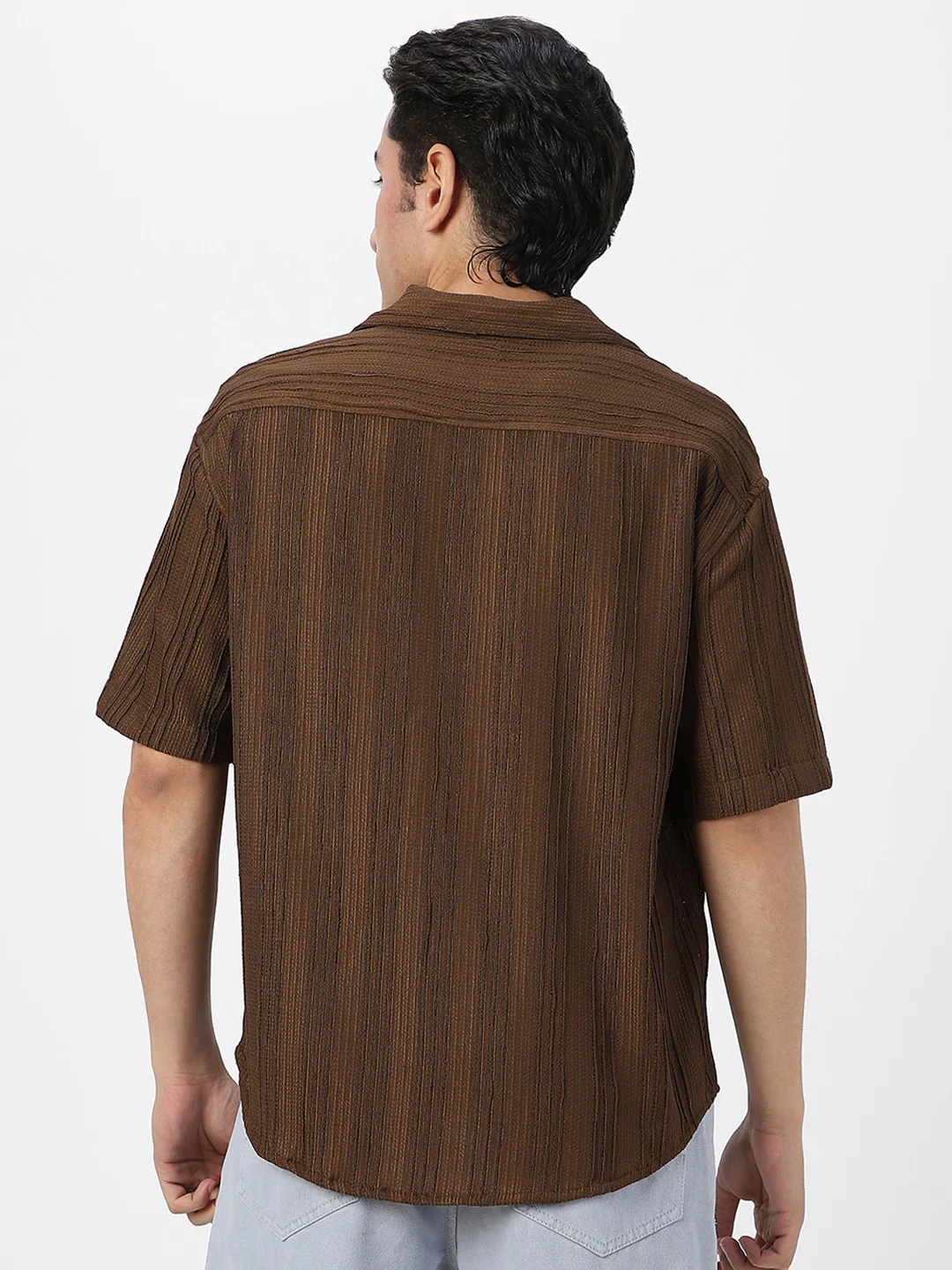 Men's Brown Cotton Half Sleeve Oversized Fit Textured Shirt with Cuban Collar - Image 4
