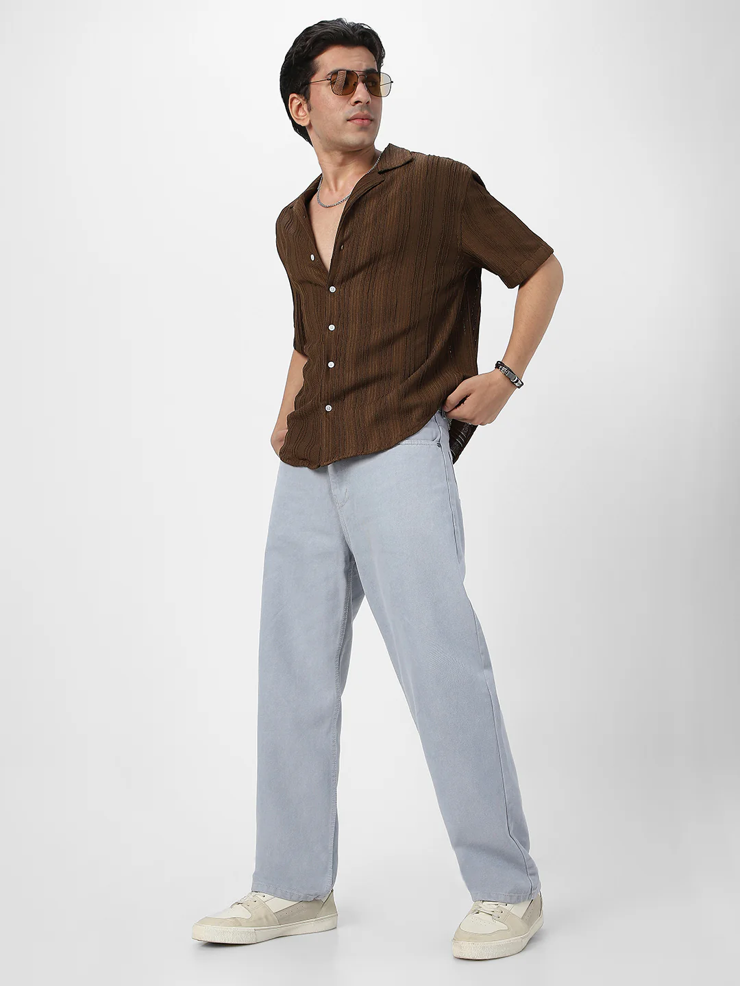 Men's Brown Cotton Half Sleeve Oversized Fit Textured Shirt with Cuban Collar - Image 5