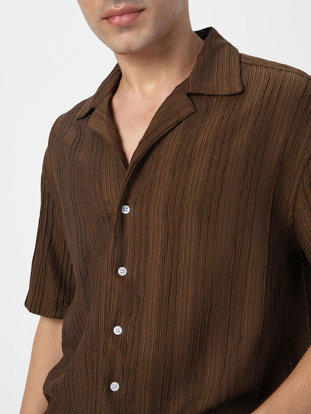 Men's Brown Cotton Half Sleeve Oversized Fit Textured Shirt with Cuban Collar - Image 6