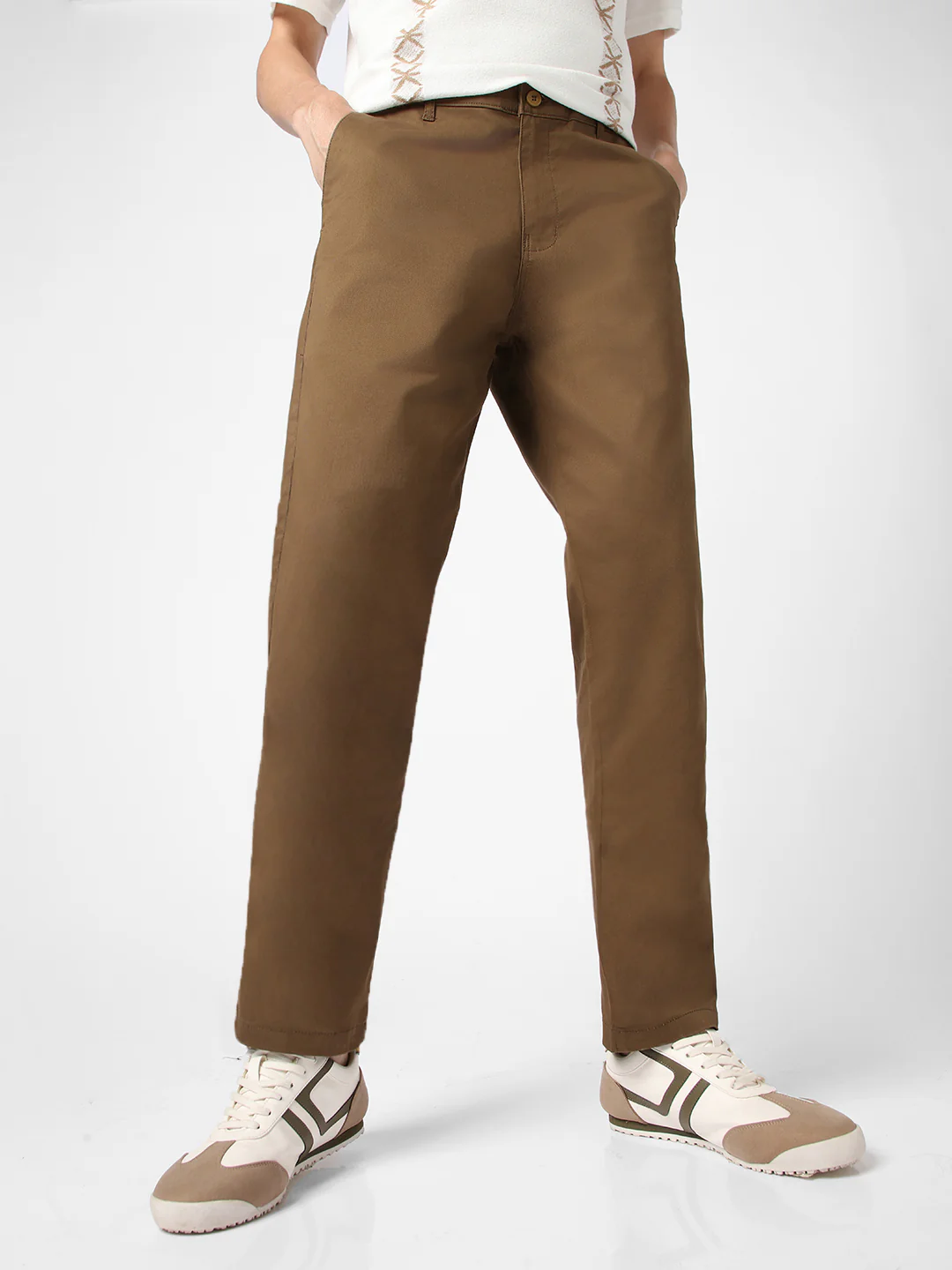 Men's Brown Cotton Regular Fit Casual Chinos Trousers Stretch - Image 2