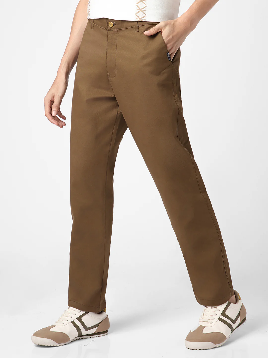 Men's Brown Cotton Regular Fit Casual Chinos Trousers Stretch - Image 3