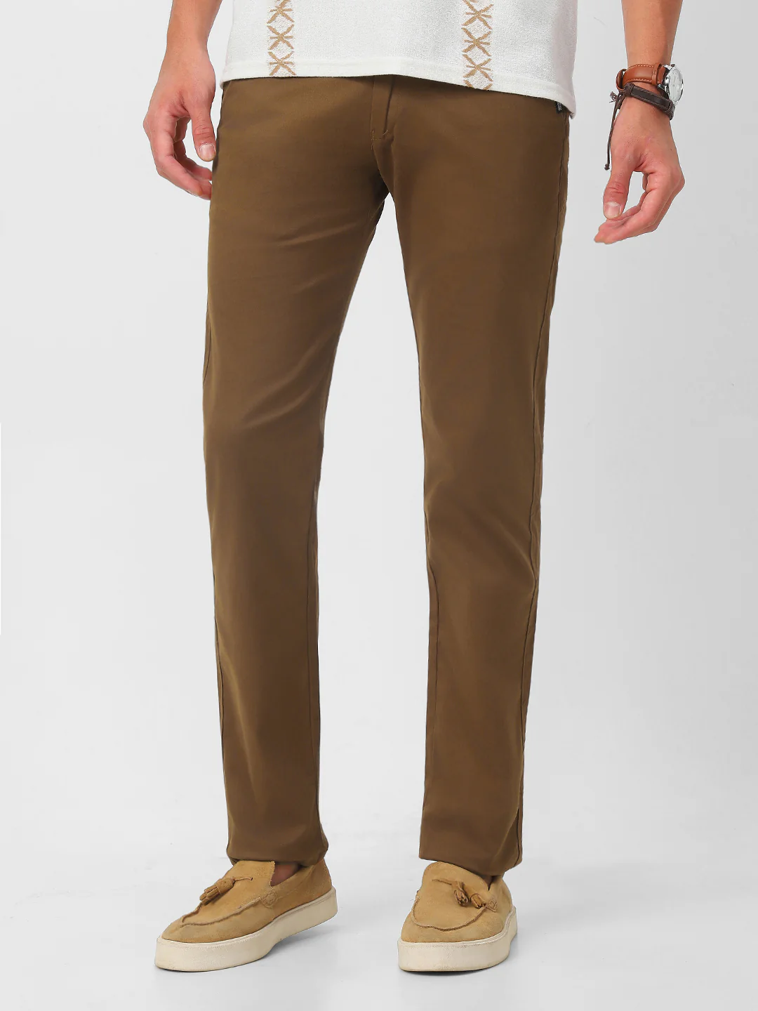 Men's Brown Cotton Slim Fit Casual Chinos Trousers Stretch - Image 2