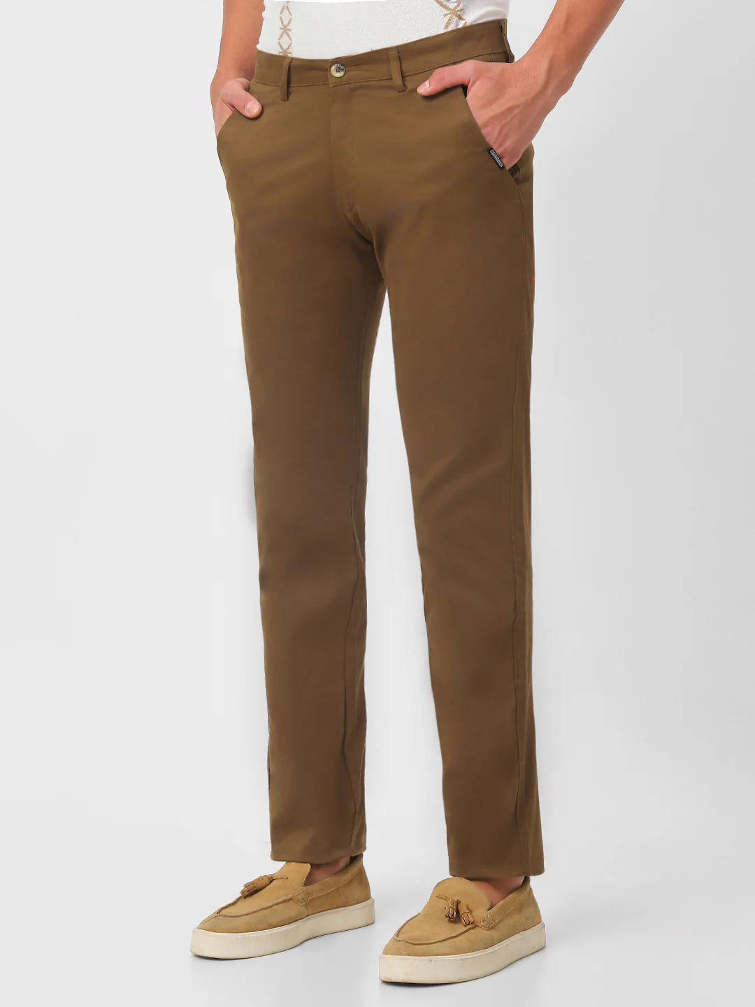 Men's Brown Cotton Slim Fit Casual Chinos Trousers Stretch - Image 3