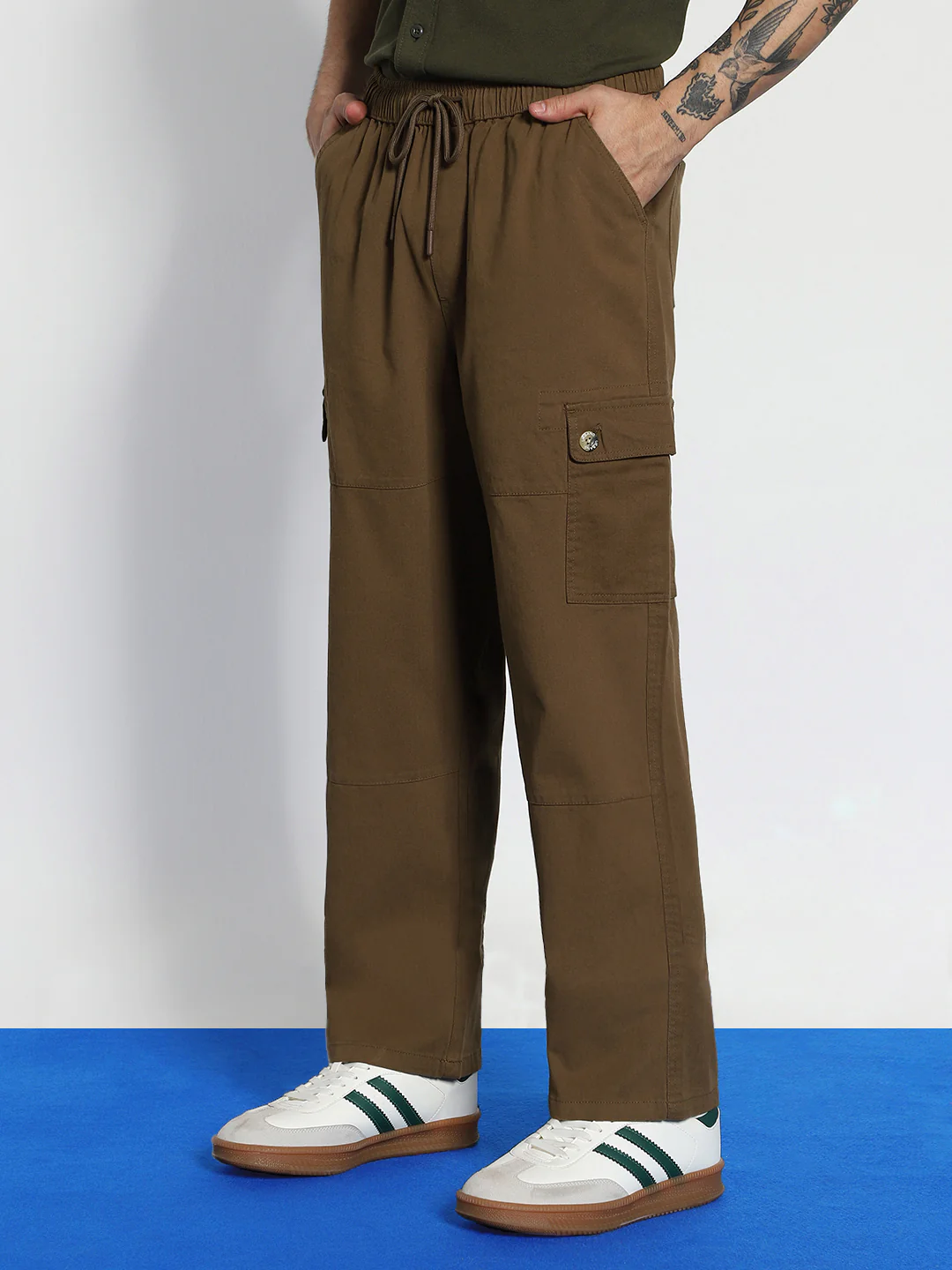 Men's Brown Loose Baggy Fit Cargo Jogger Chino Pant with 6 Pockets Stretchable - Image 2